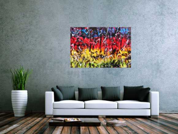 Modernes Gemälde abstrakt bunt in rot blau gelb grün und schwarz