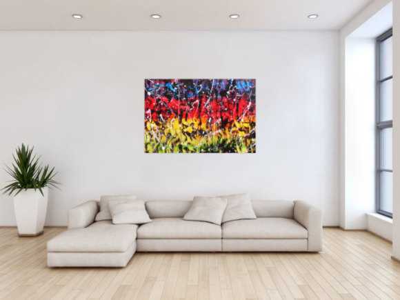 Modernes Gemälde abstrakt bunt in rot blau gelb grün und schwarz