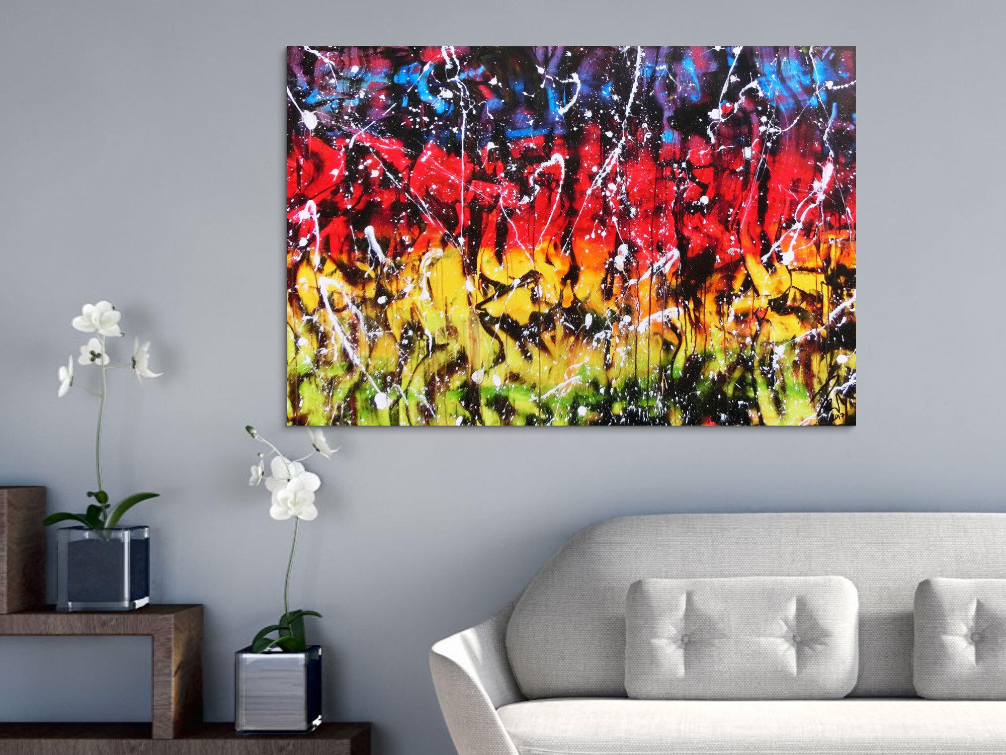 Modernes Gemälde abstrakt bunt in rot blau gelb grün und schwarz