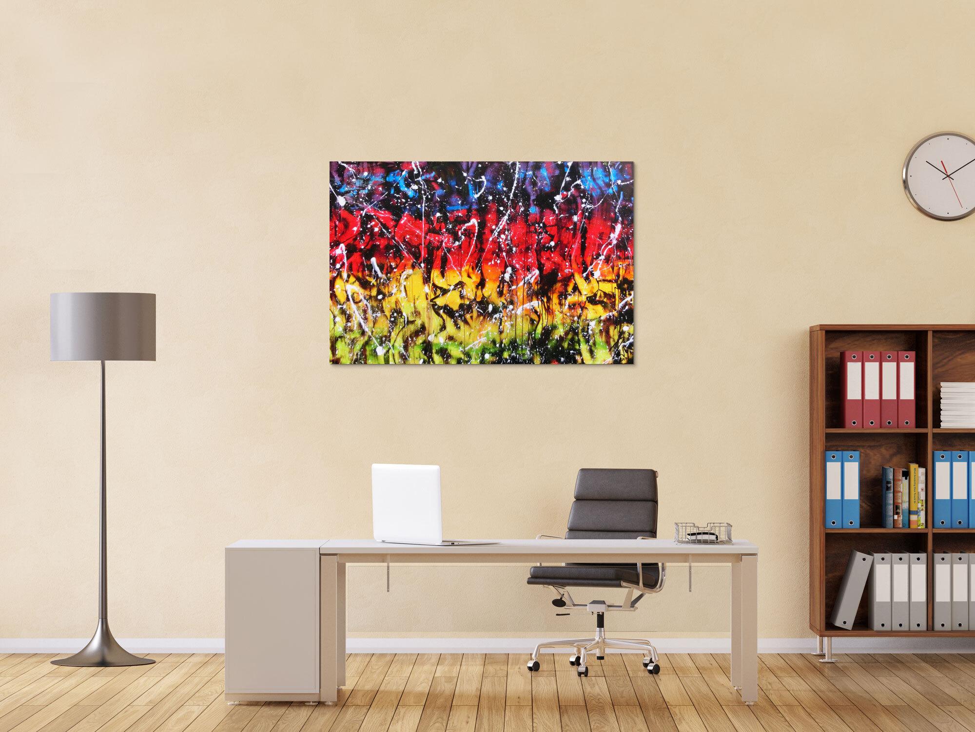 Modernes Gemälde abstrakt bunt in rot blau gelb grün und schwarz