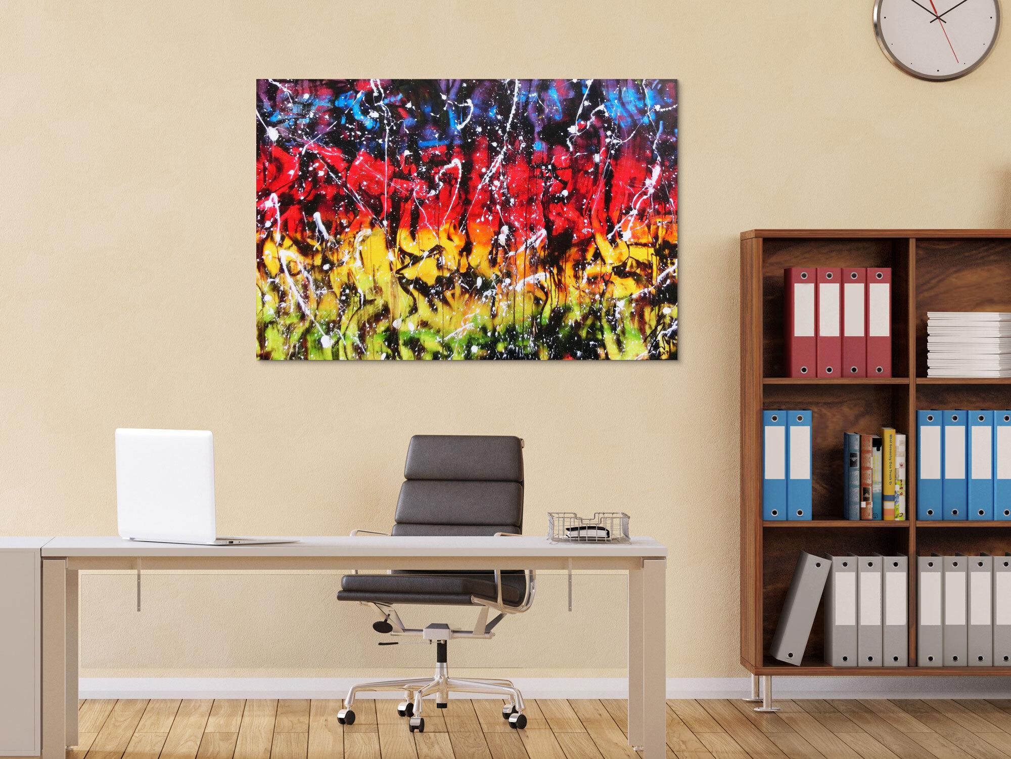 Modernes Gemälde abstrakt bunt in rot blau gelb grün und schwarz