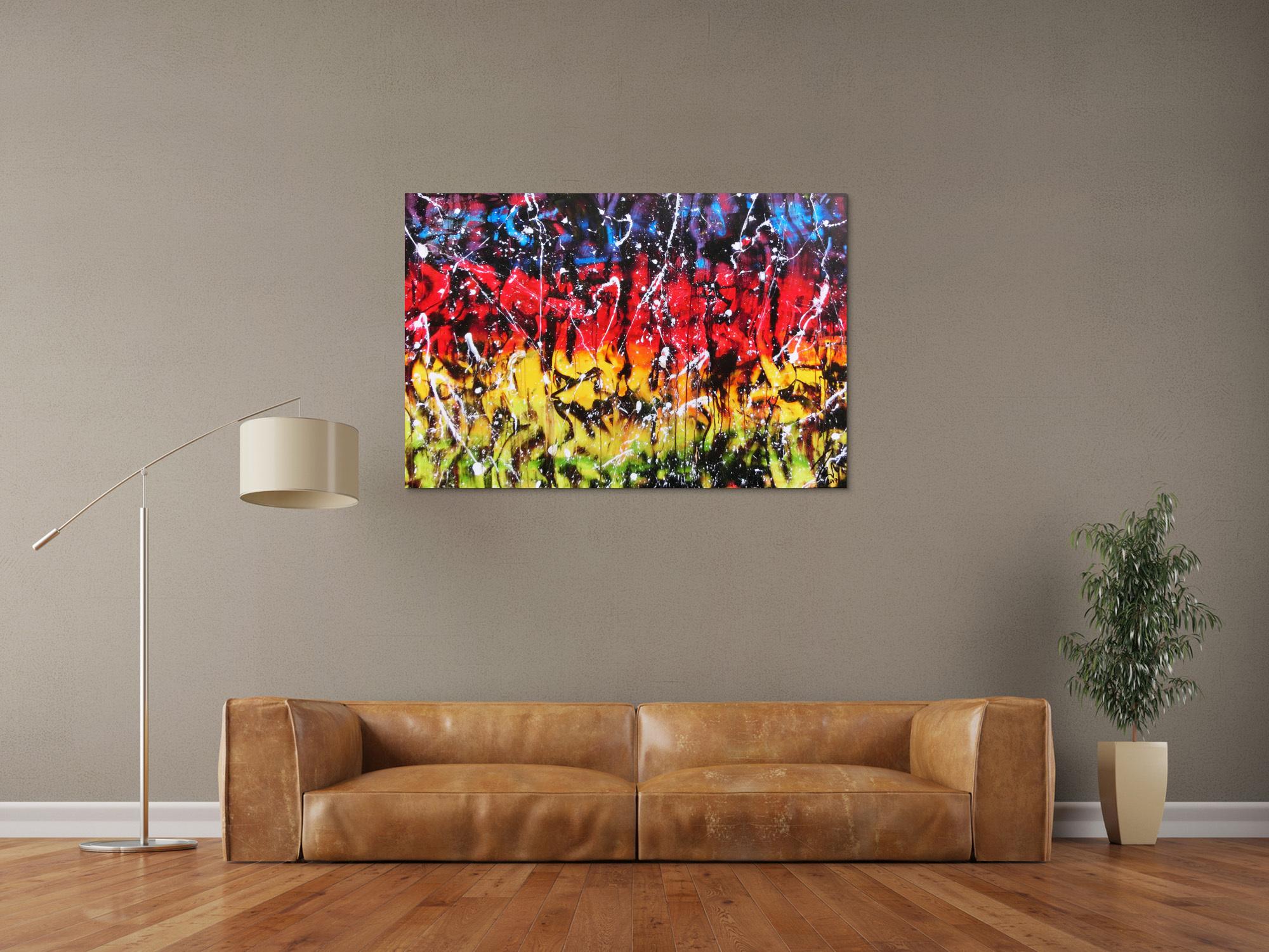 Modernes Gemälde abstrakt bunt in rot blau gelb grün und schwarz