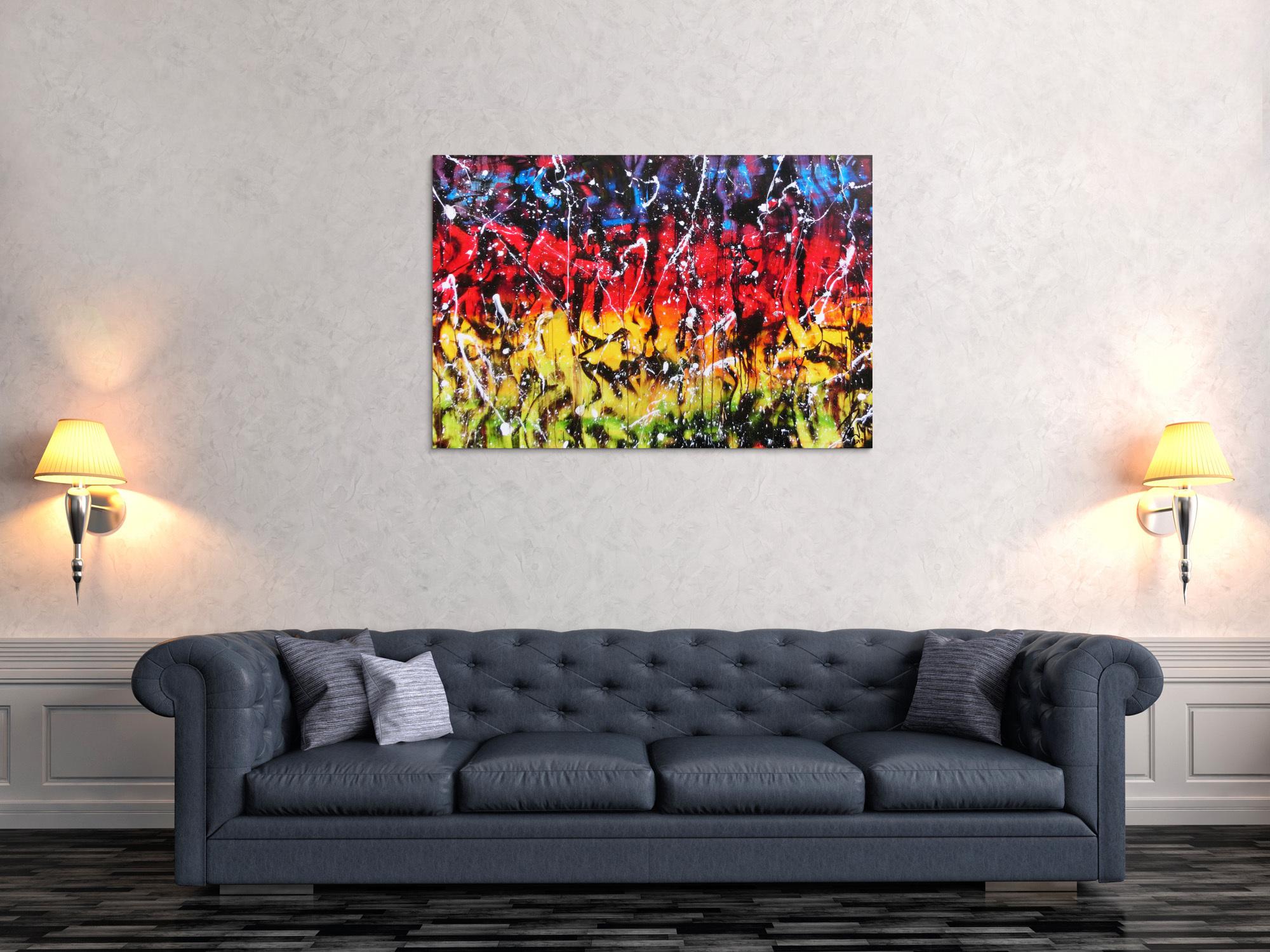 Modernes Gemälde abstrakt bunt in rot blau gelb grün und schwarz