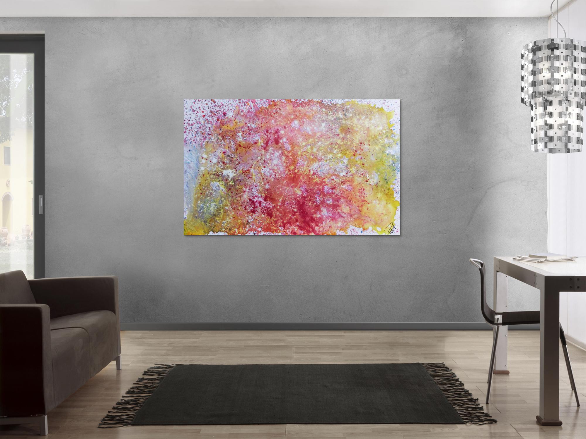 Abstraktes Gemälde in Pastellfarben modern schlicht in rosa pink weiß gelb
