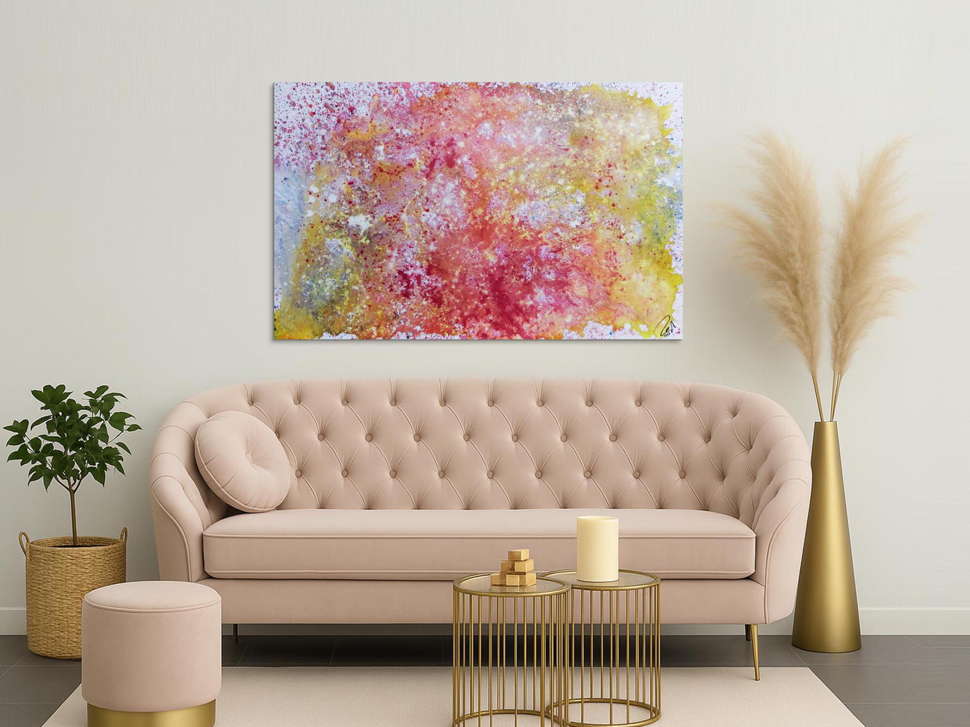 Abstraktes Gemälde in Pastellfarben modern schlicht in rosa pink weiß gelb