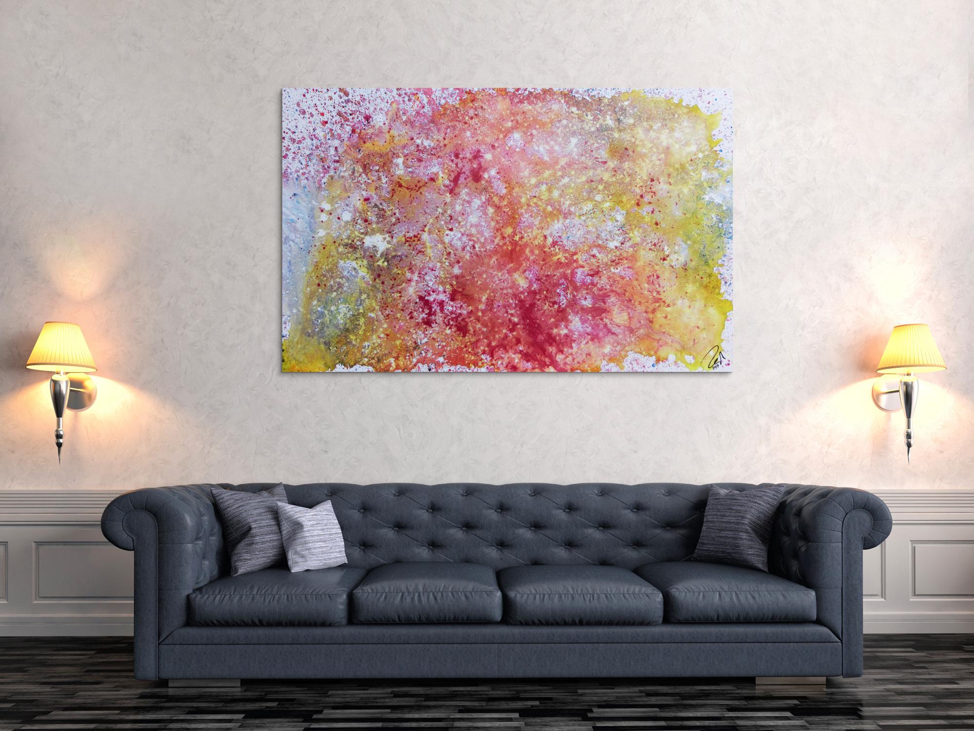 Abstraktes Gemälde in Pastellfarben modern schlicht in rosa pink weiß gelb