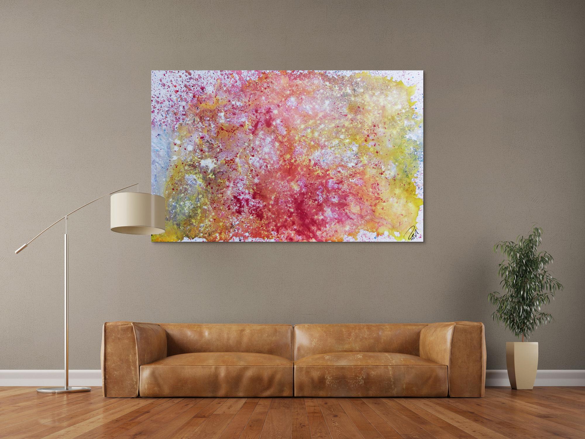 Abstraktes Gemälde in Pastellfarben modern schlicht in rosa pink weiß gelb