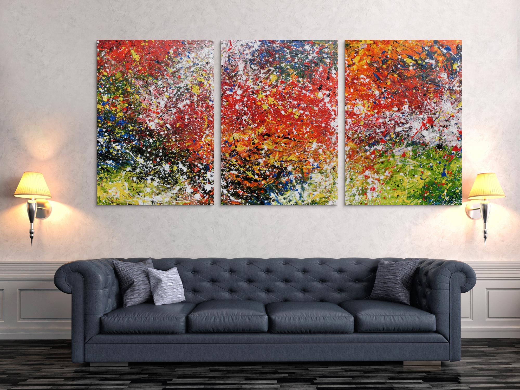 Abstraktes Triptychon modernes Gemälde drei Teile sehr bunt