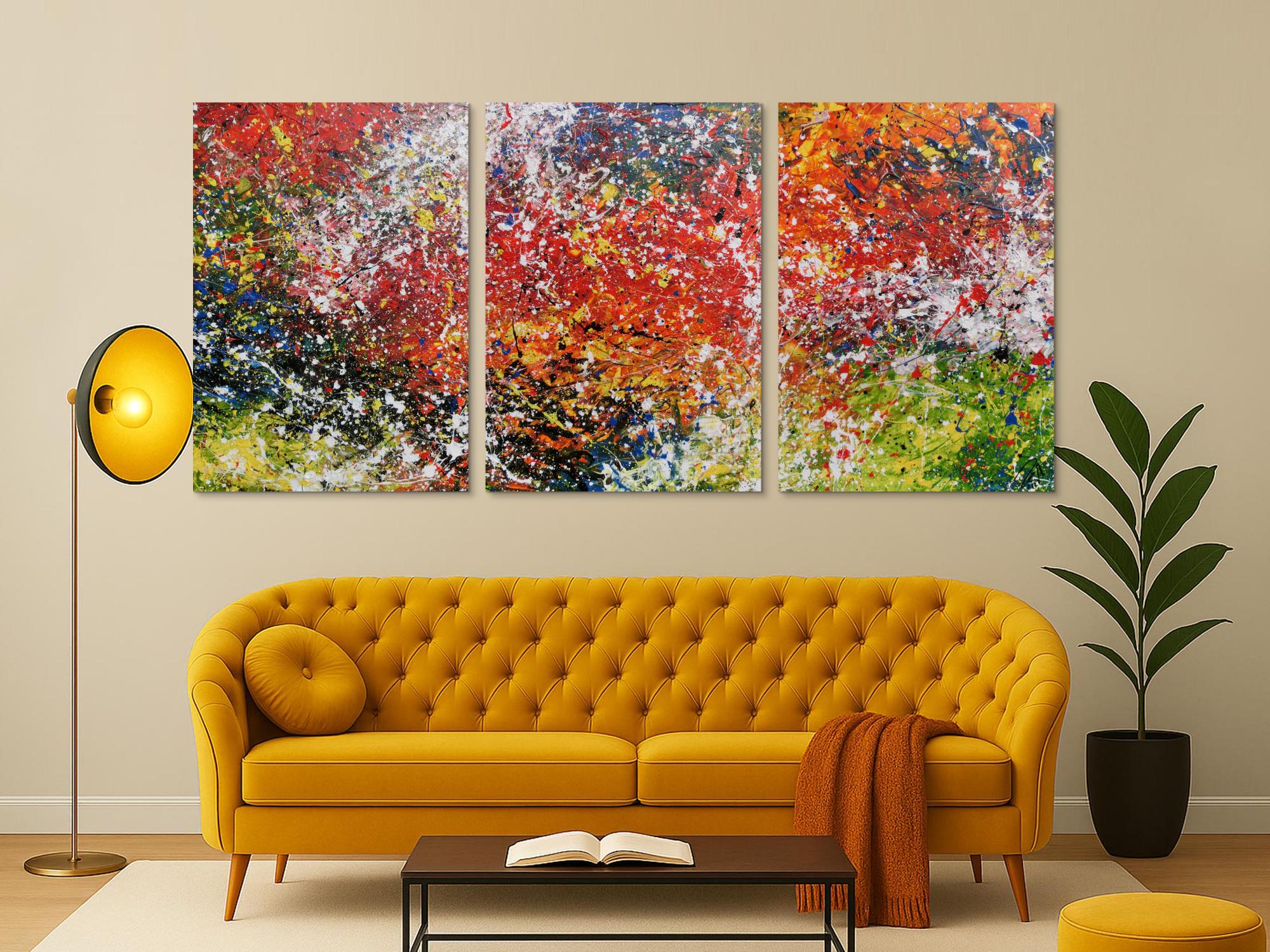 Abstraktes Triptychon modernes Gemälde drei Teile sehr bunt