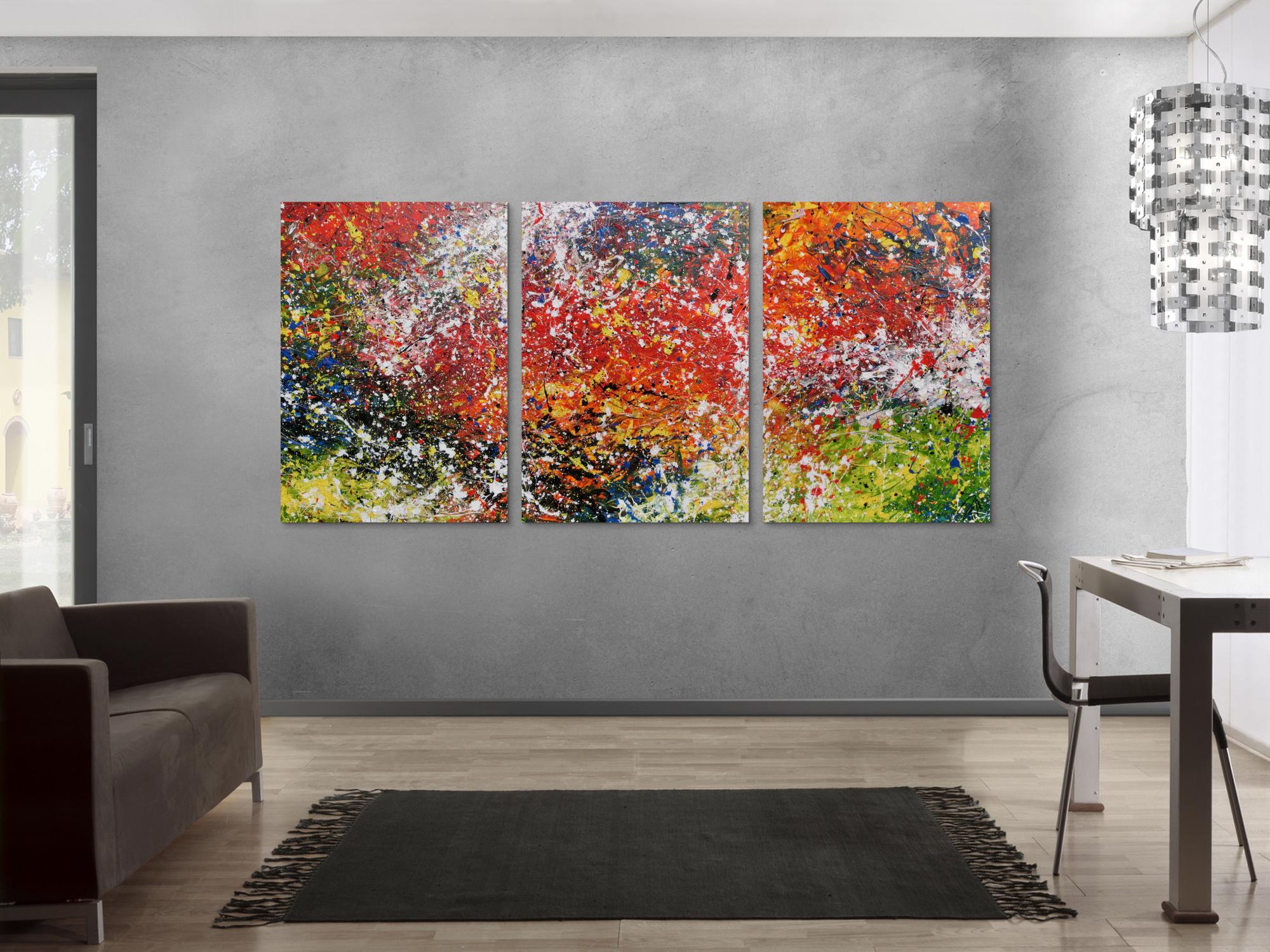 Abstraktes Triptychon modernes Gemälde drei Teile sehr bunt