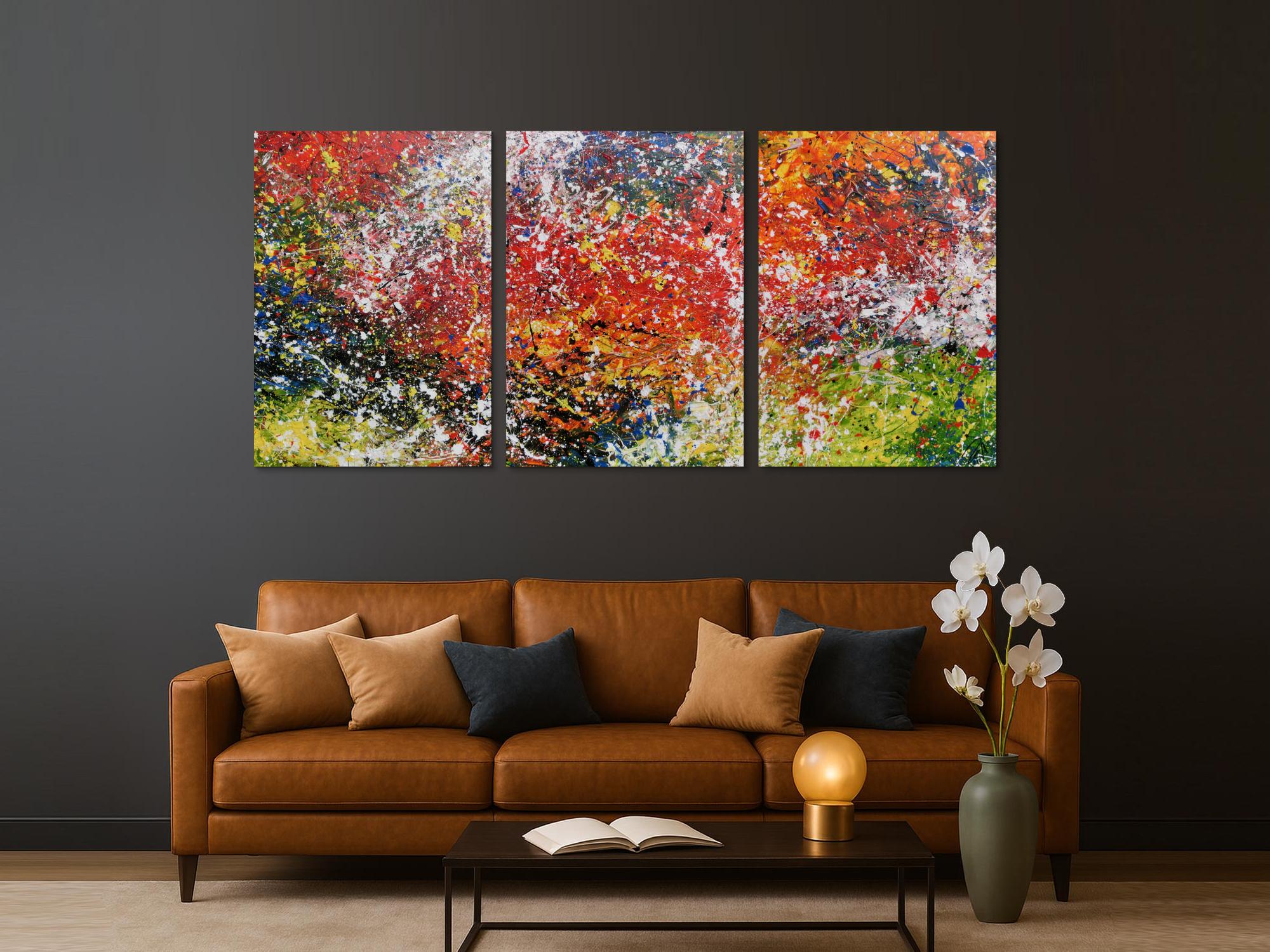 Abstraktes Triptychon modernes Gemälde drei Teile sehr bunt