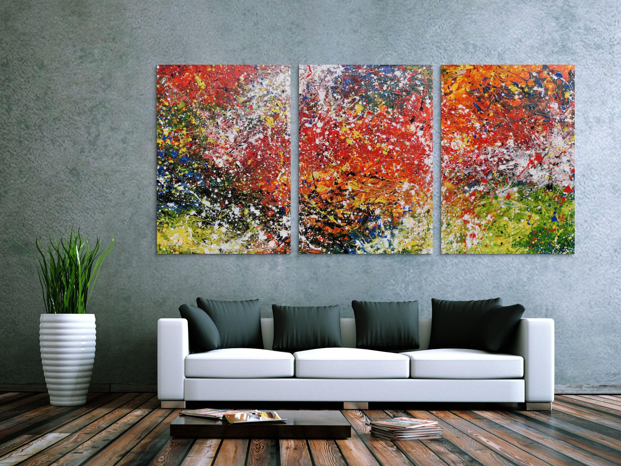 Abstraktes Triptychon modernes Gemälde drei Teile sehr bunt