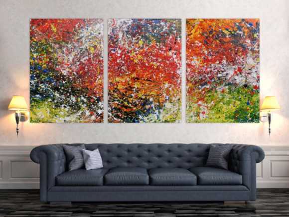 Abstraktes Triptychon modernes Gemälde drei Teile sehr bunt