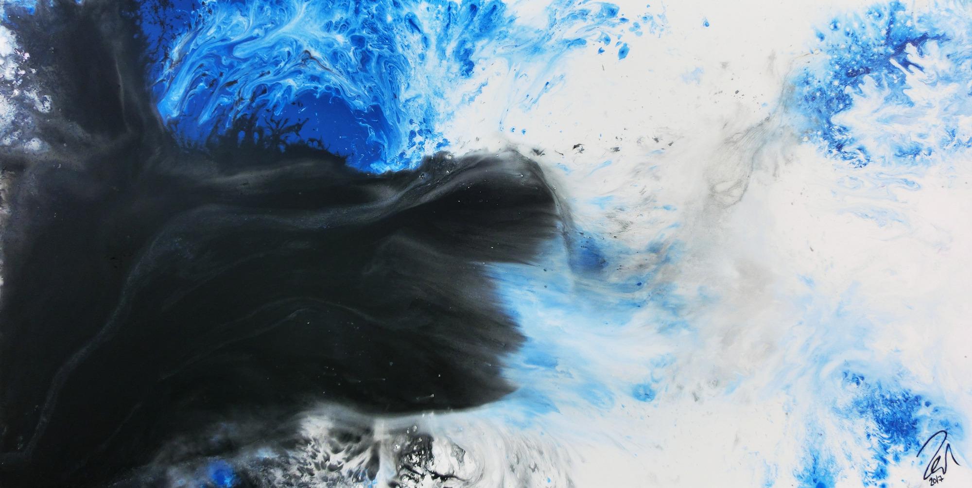 Modernes abstrakte Gemälde schwarz weiß blau Fließtechnik