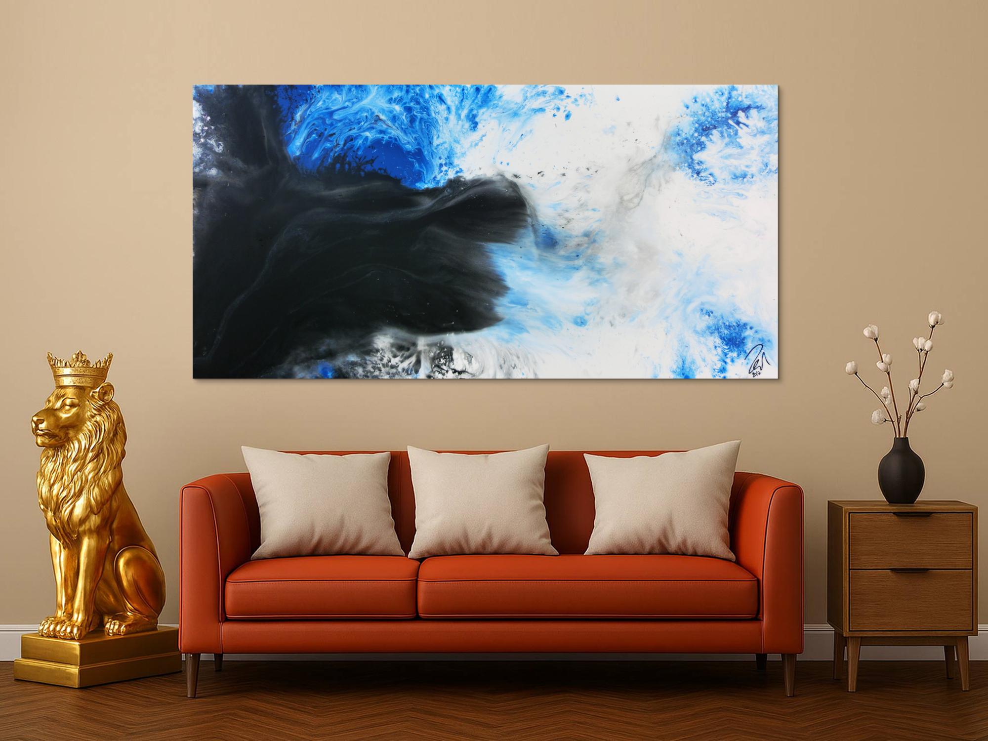 Modernes abstrakte Gemälde schwarz weiß blau Fließtechnik