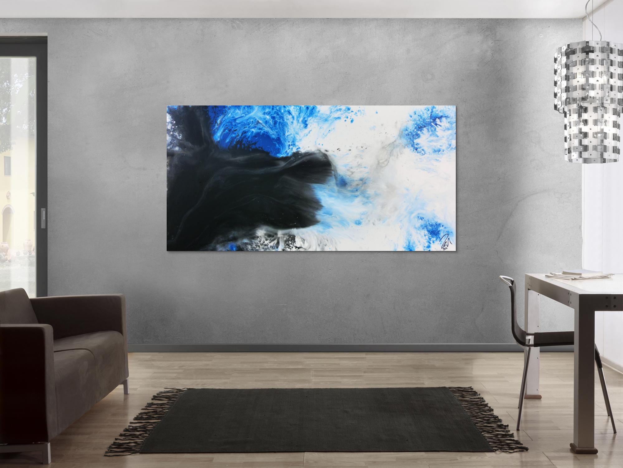 Modernes abstrakte Gemälde schwarz weiß blau Fließtechnik