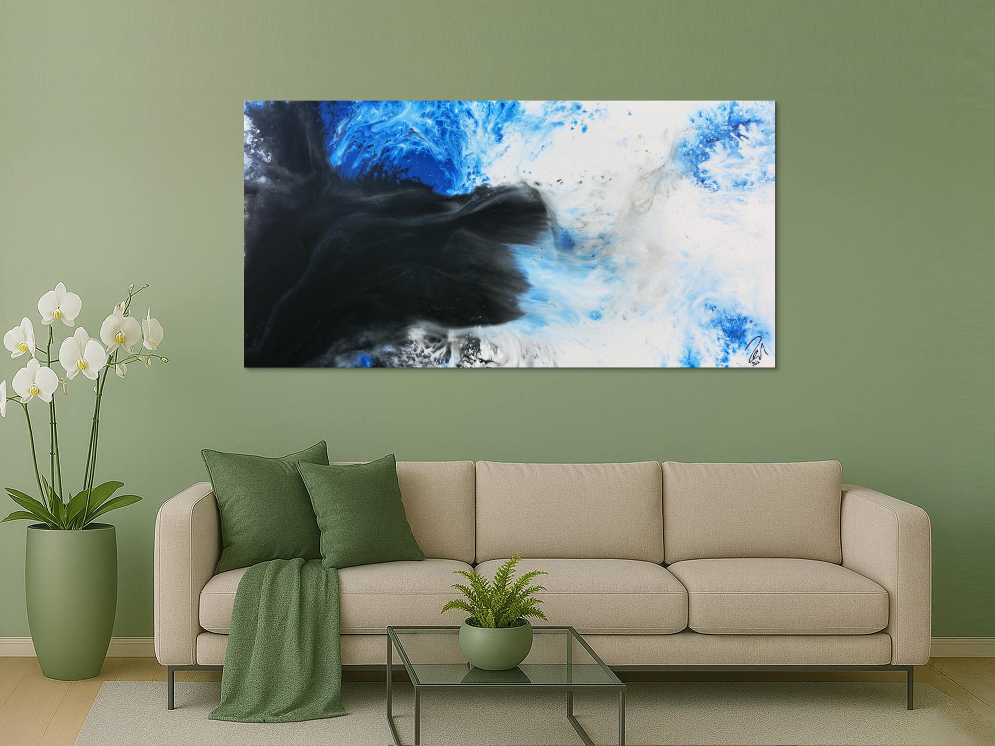 Modernes abstrakte Gemälde schwarz weiß blau Fließtechnik