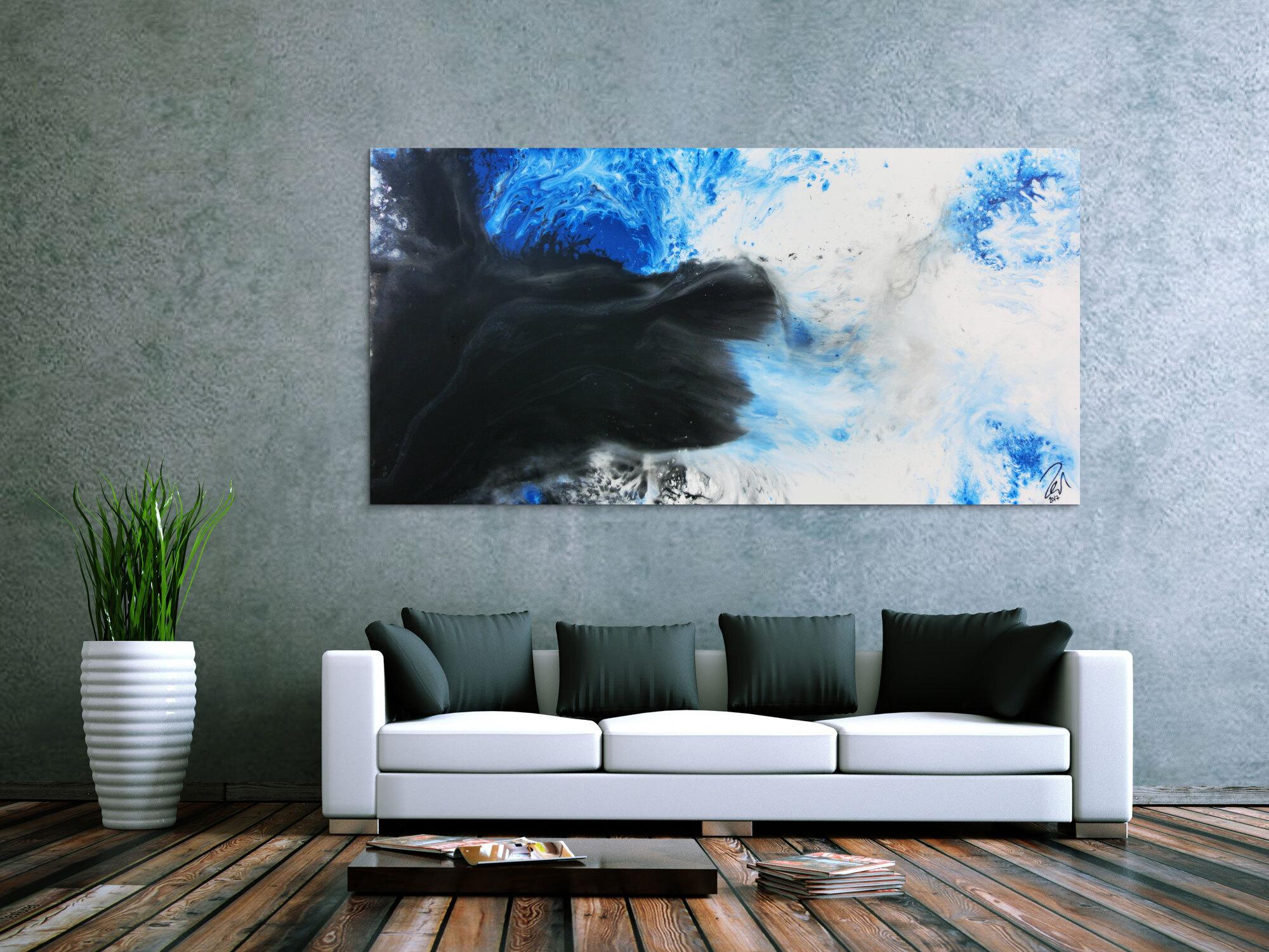 Modernes abstrakte Gemälde schwarz weiß blau Fließtechnik