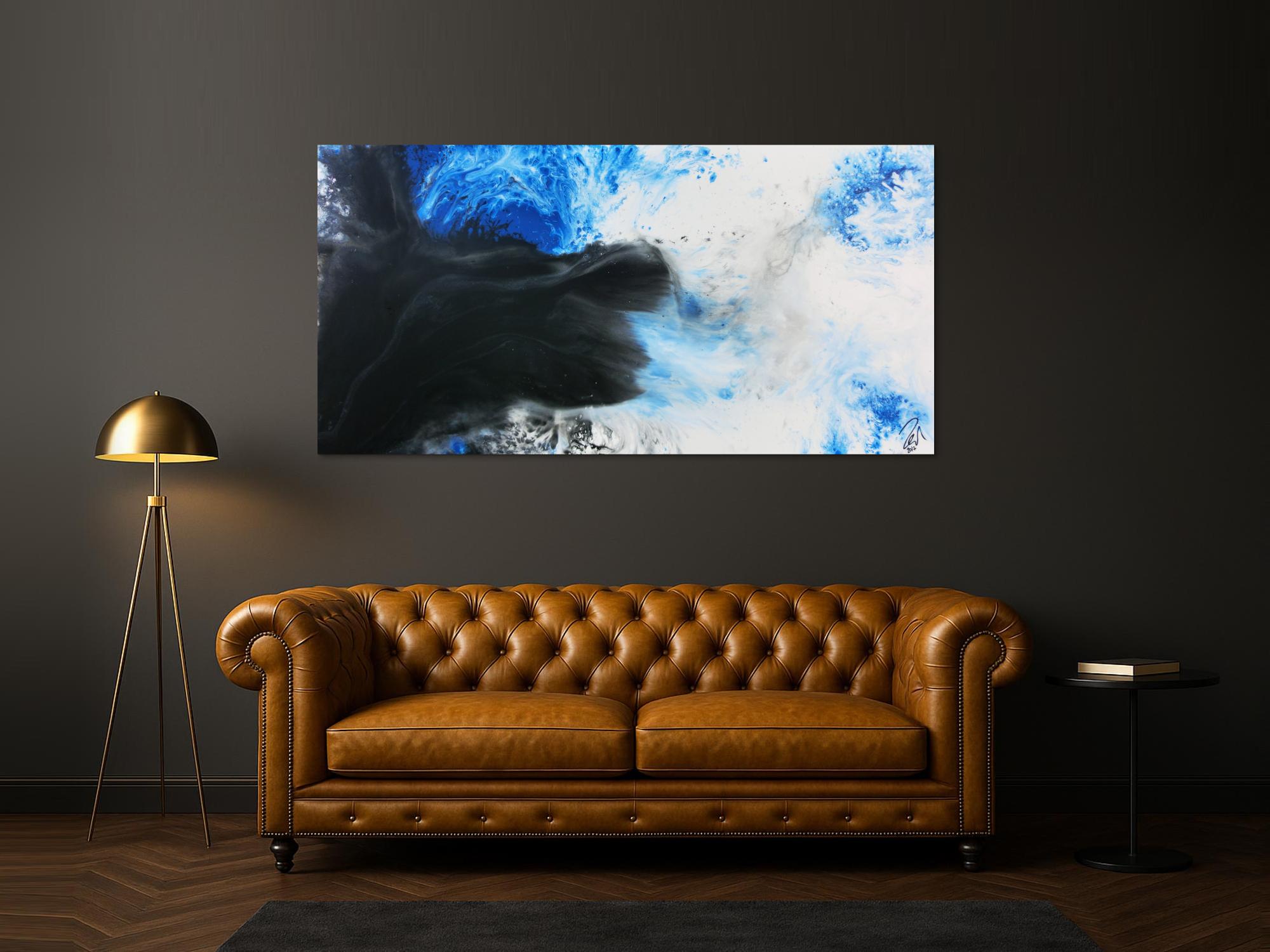 Modernes abstrakte Gemälde schwarz weiß blau Fließtechnik