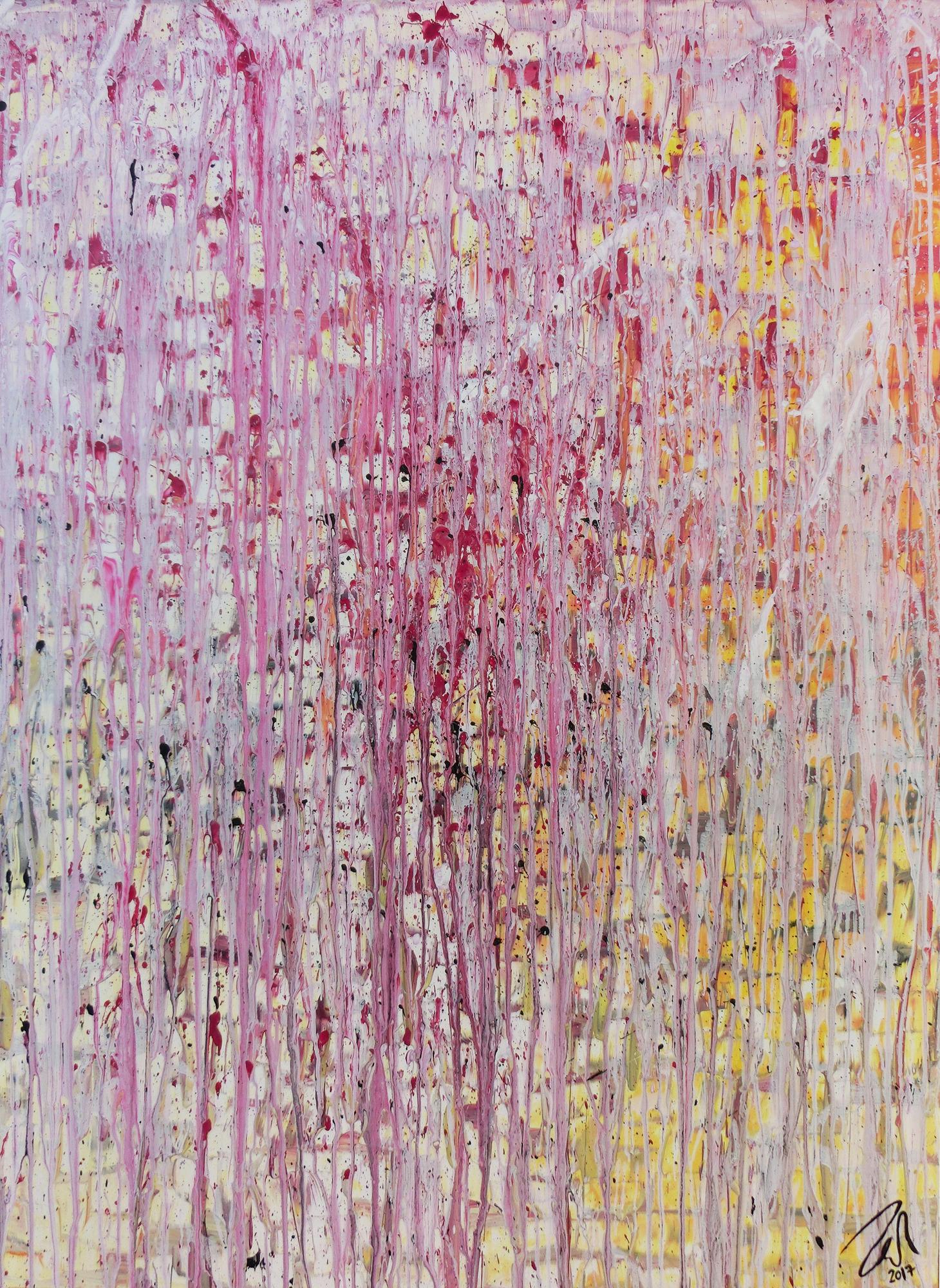 Abstraktes Gemälde modern in helle Farben weiß pink gelb rosa