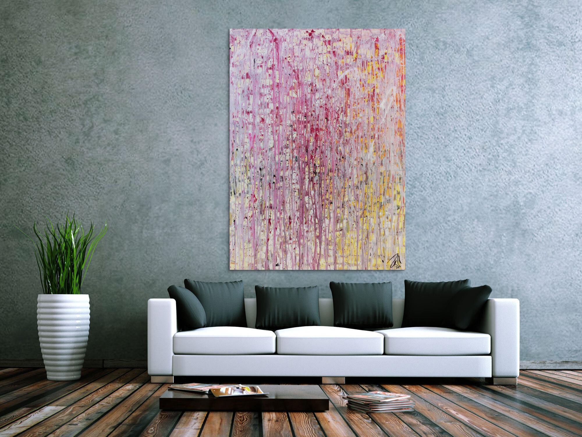 Abstraktes Gemälde modern in helle Farben weiß pink gelb rosa