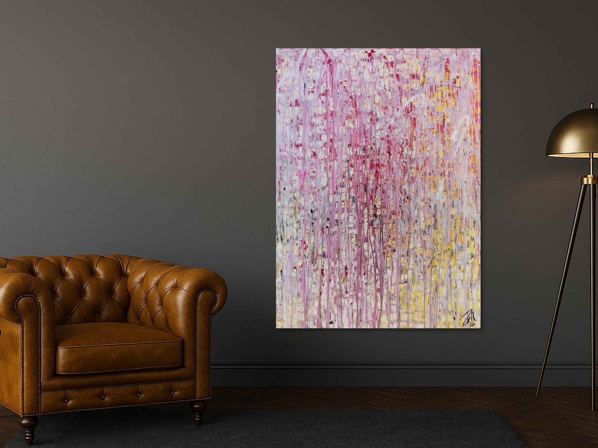 Abstraktes Gemälde modern in helle Farben weiß pink gelb rosa