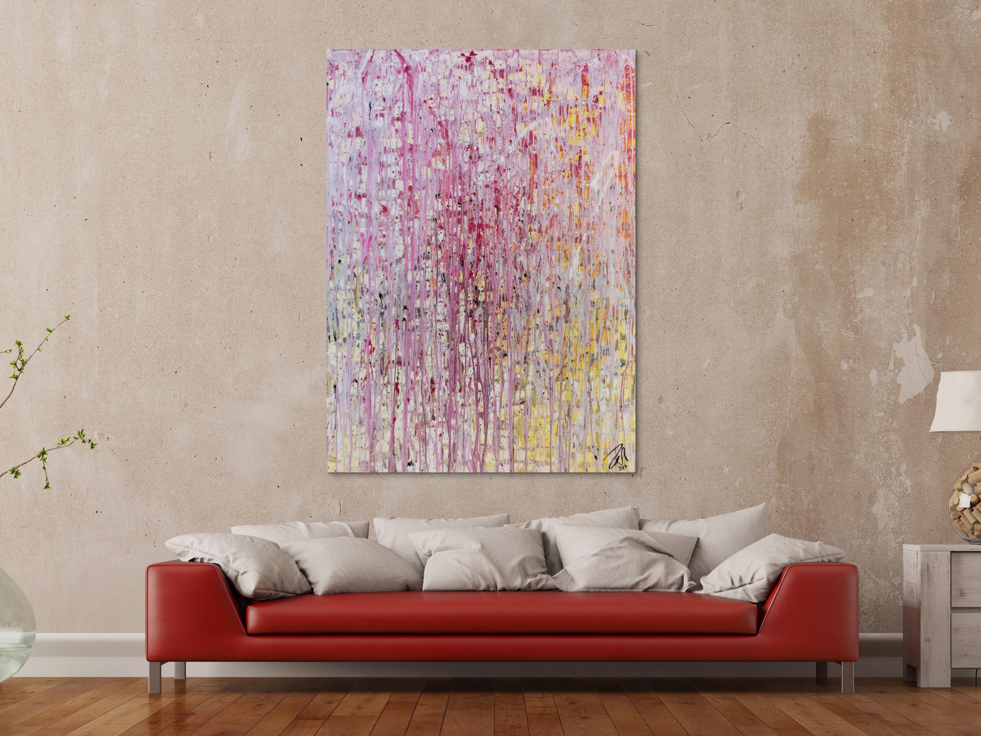 Abstraktes Gemälde modern in helle Farben weiß pink gelb rosa