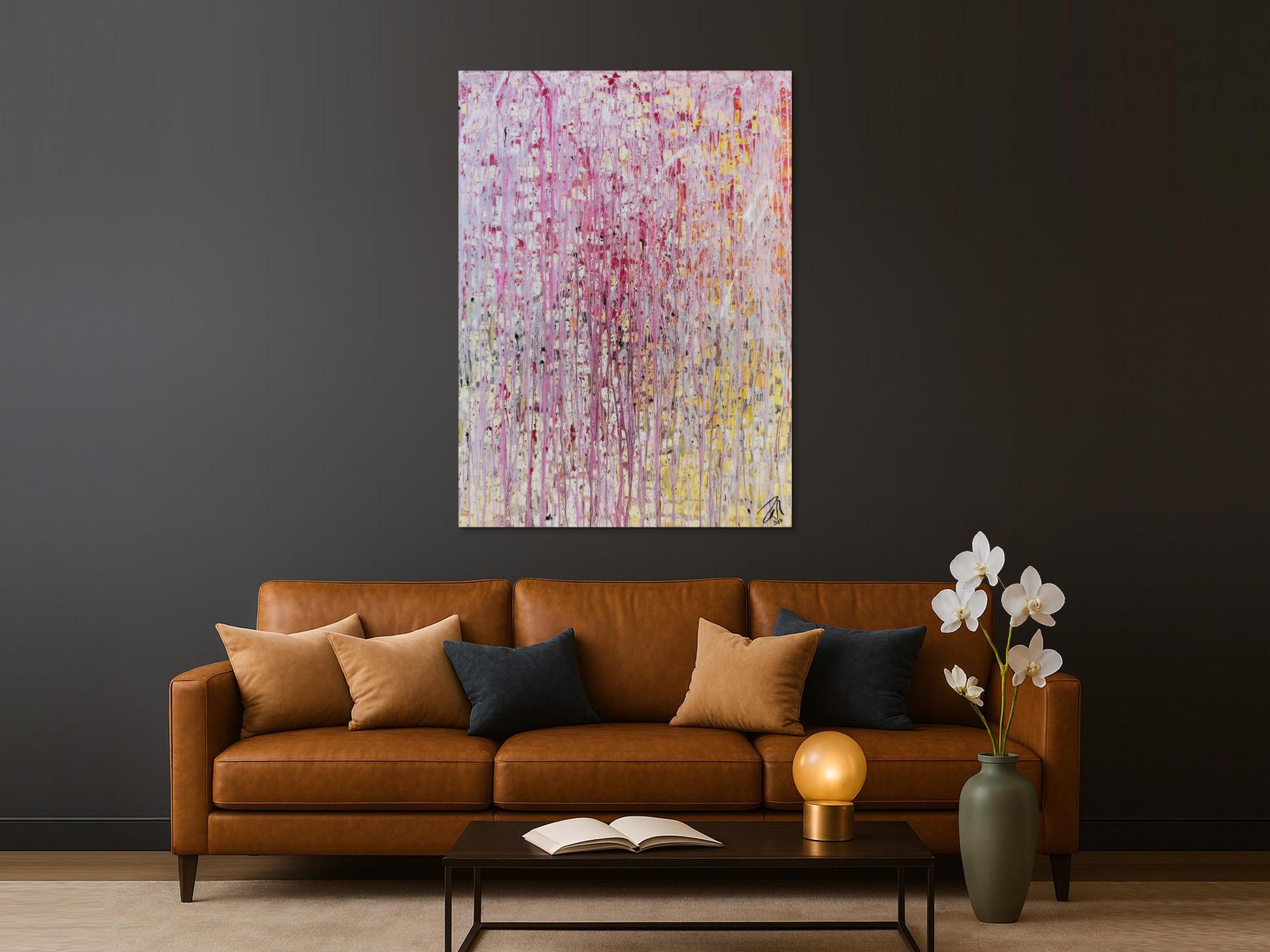 Abstraktes Gemälde modern in helle Farben weiß pink gelb rosa