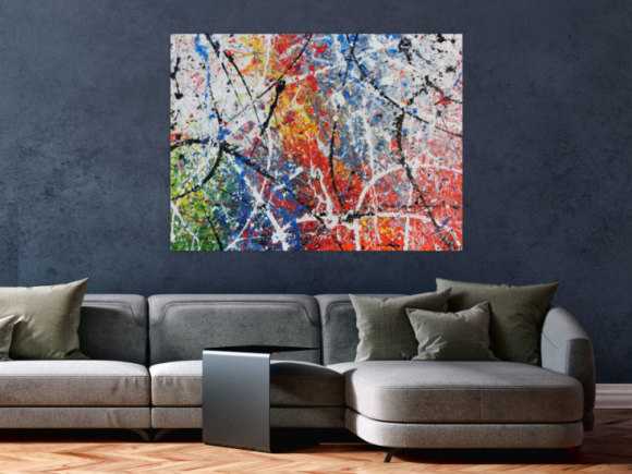 Abstraktes Acrylbild modern Actionpainting bunt viele Farben