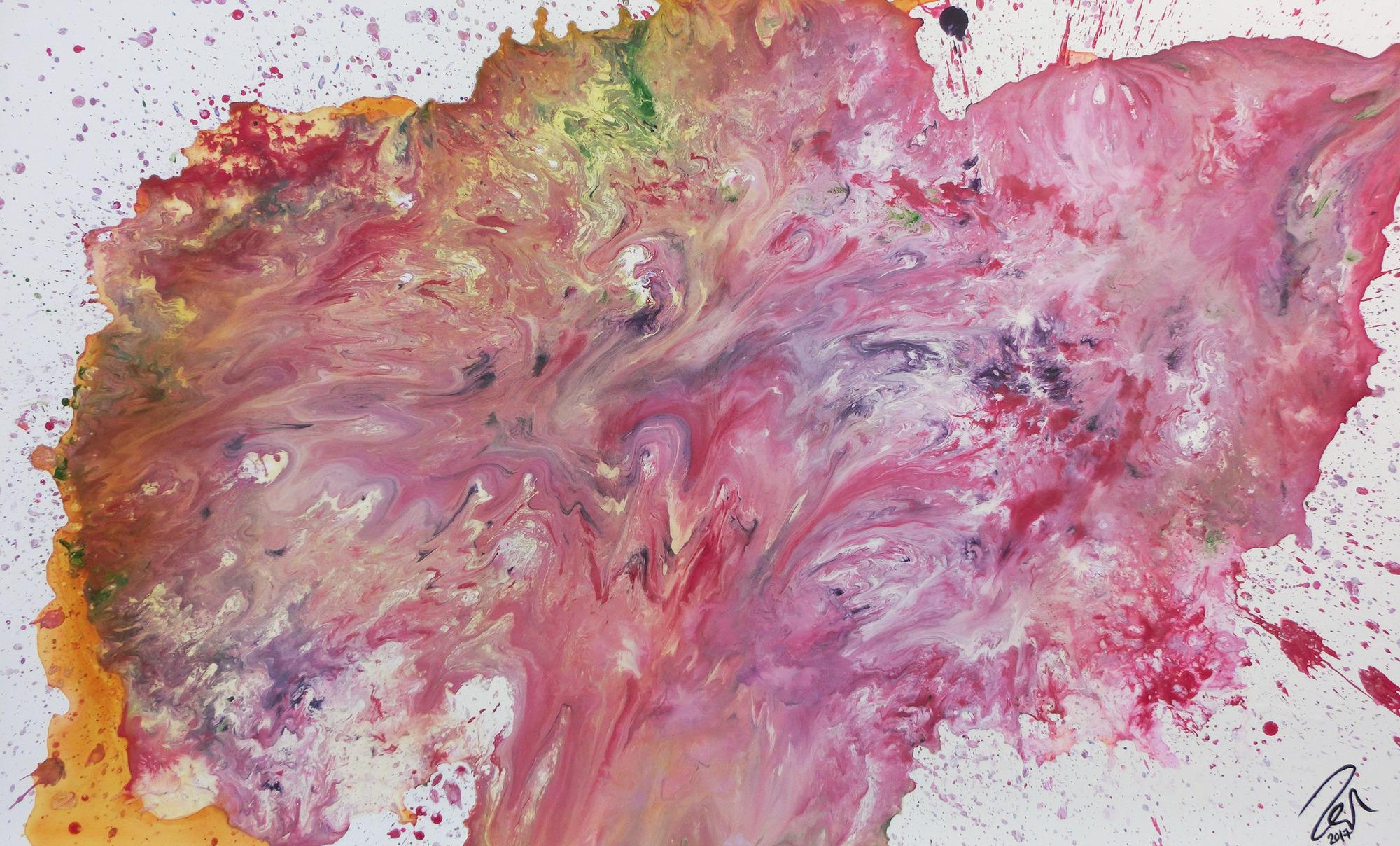 Abstraktes Acrylgemälde rosa modernes Bild in Fließtechnik helle Farben