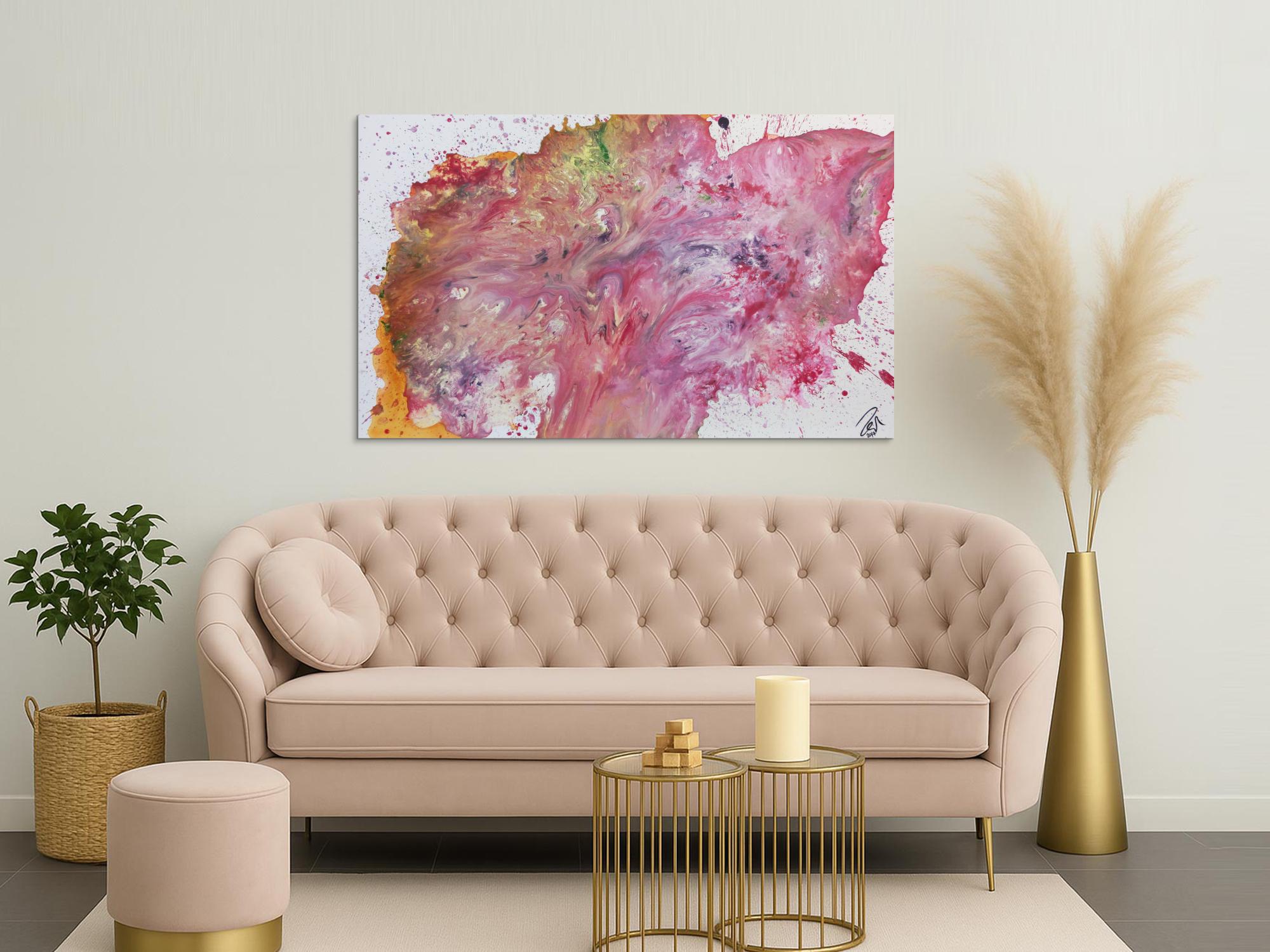 Abstraktes Acrylgemälde rosa modernes Bild in Fließtechnik helle Farben