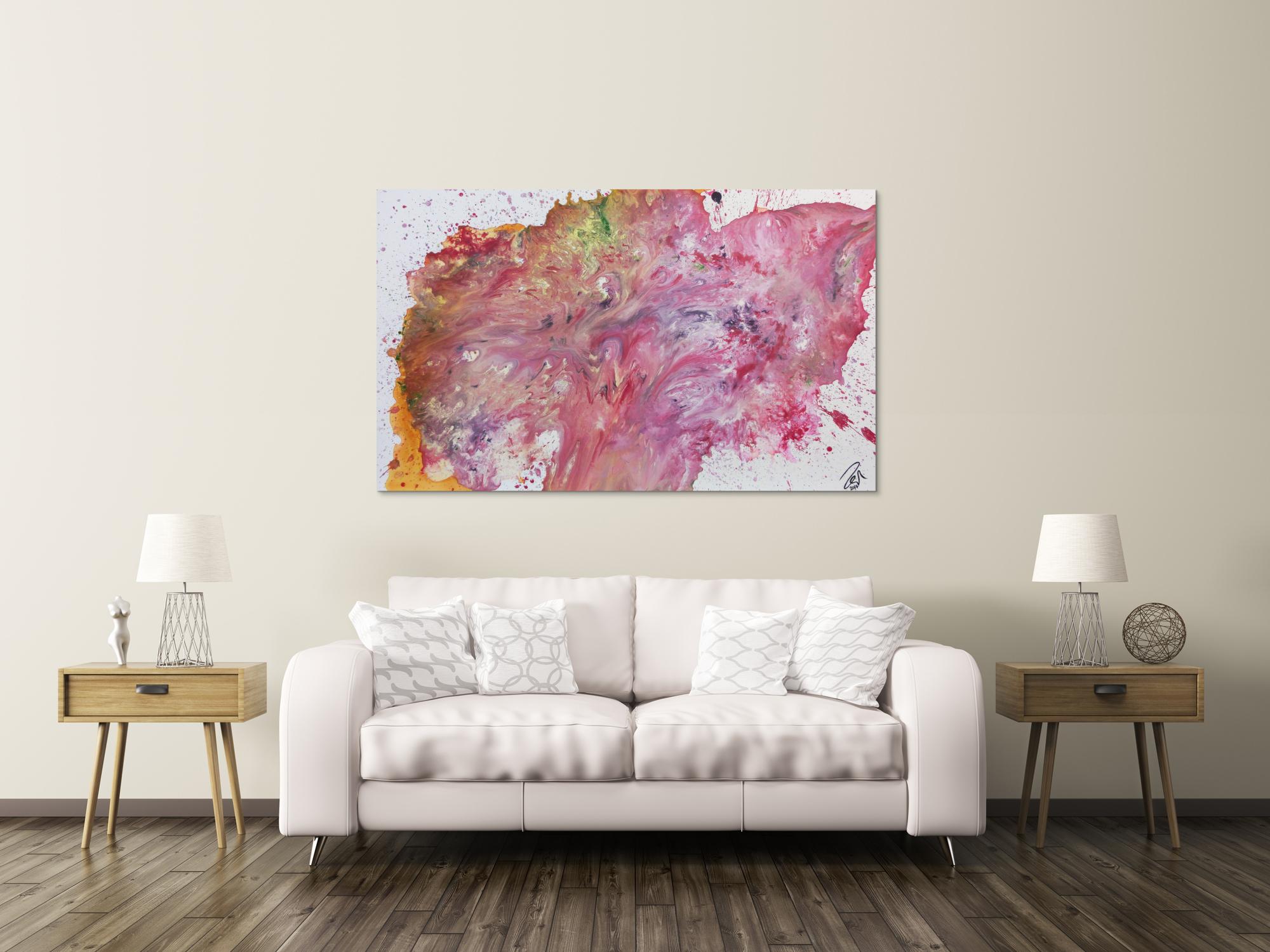 Abstraktes Acrylgemälde rosa modernes Bild in Fließtechnik helle Farben