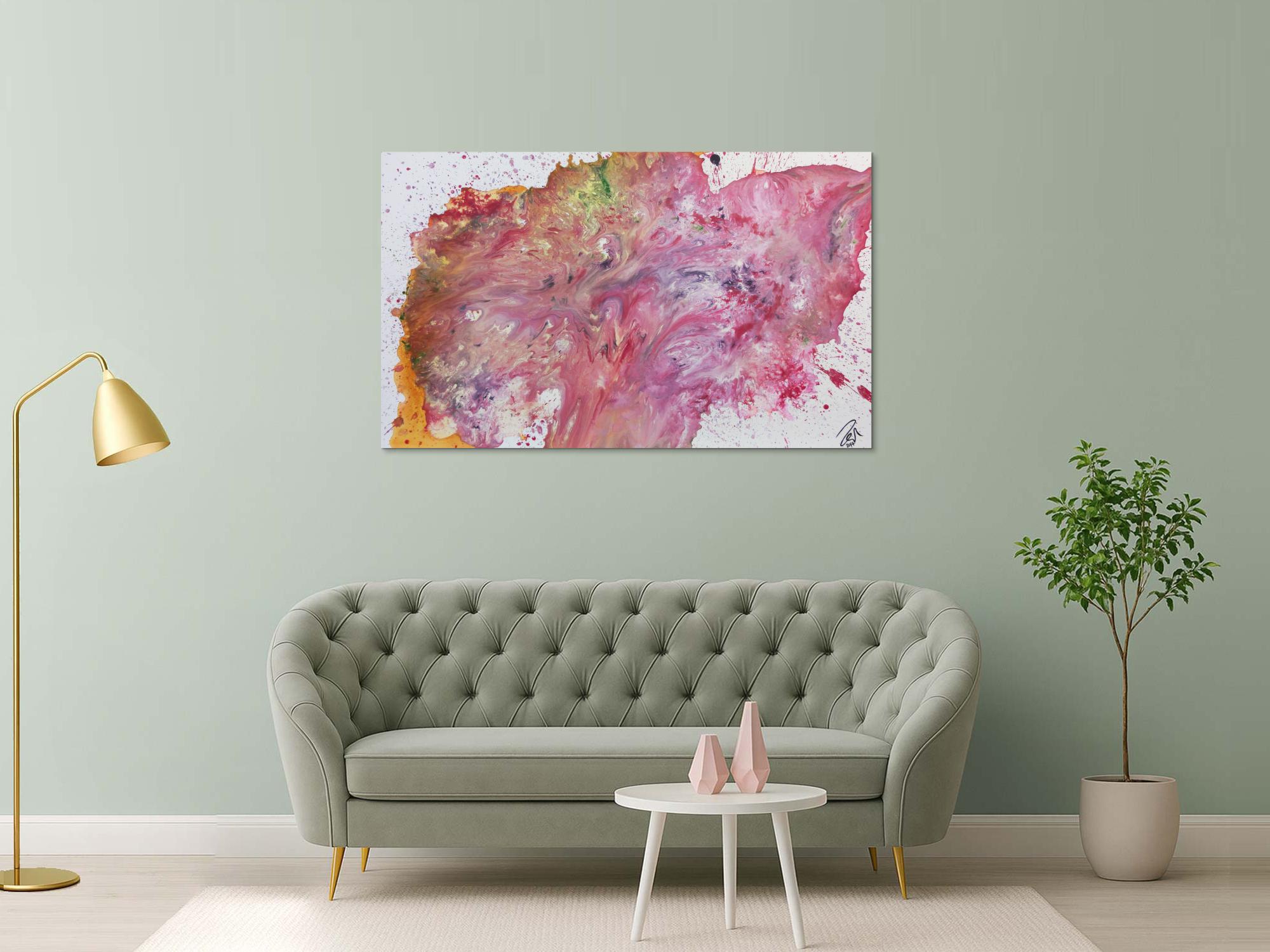 Abstraktes Acrylgemälde rosa modernes Bild in Fließtechnik helle Farben