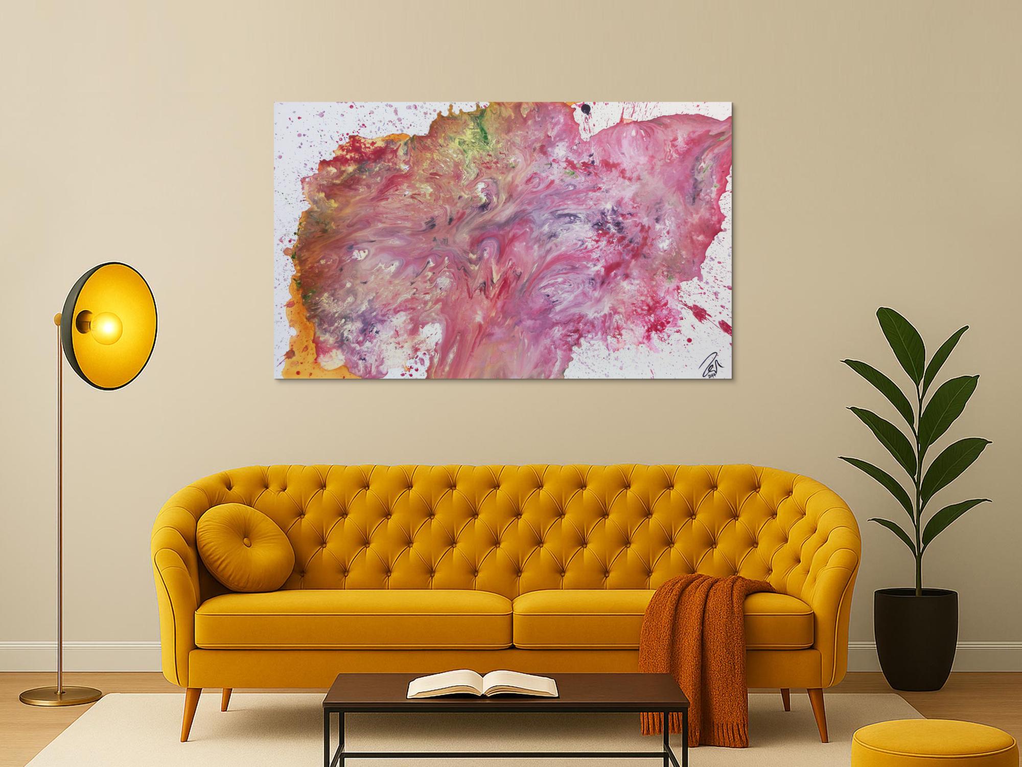 Abstraktes Acrylgemälde rosa modernes Bild in Fließtechnik helle Farben