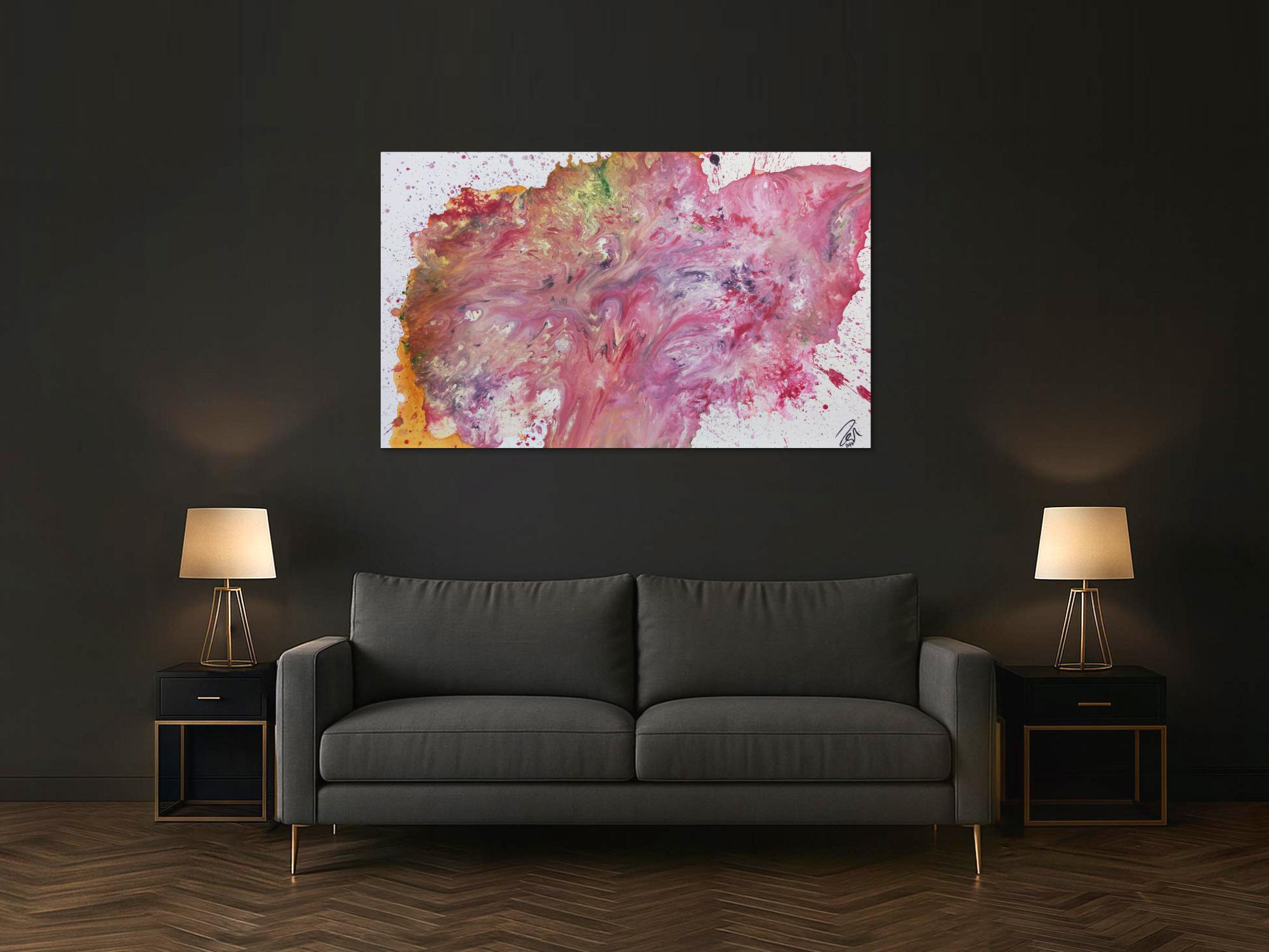 Abstraktes Acrylgemälde rosa modernes Bild in Fließtechnik helle Farben