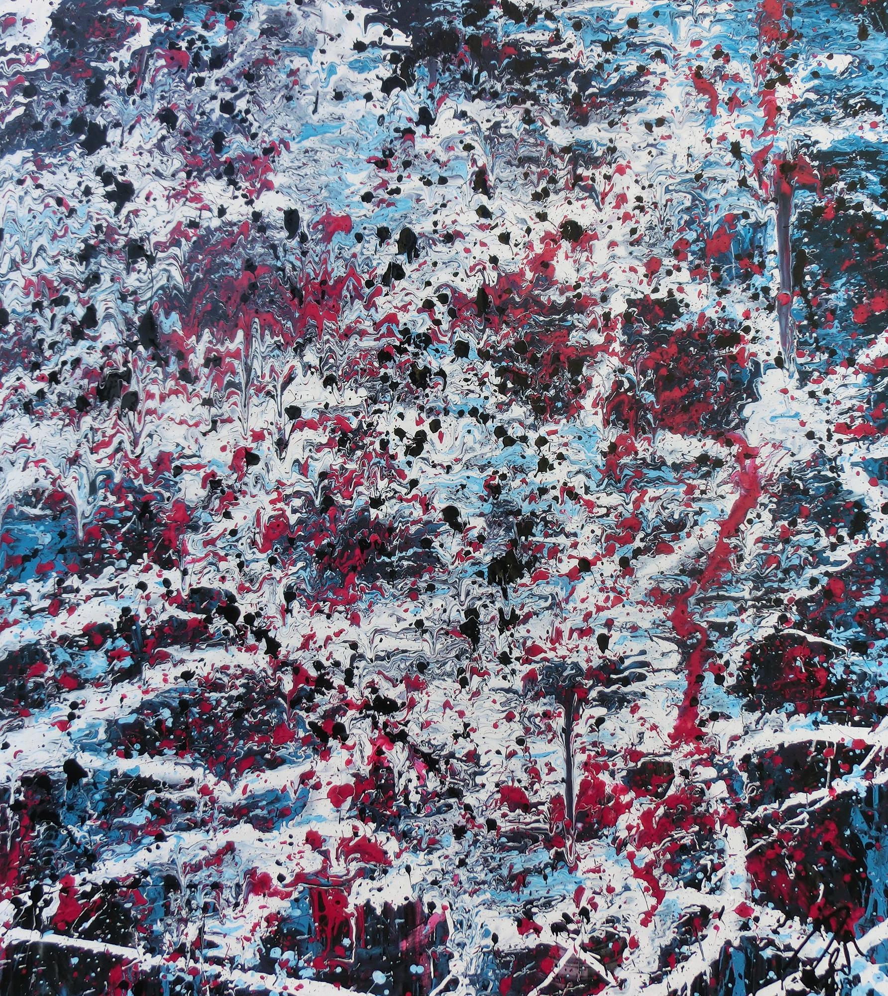 Abstraktes Acrylbild modernes Gemälde in türlis oink schwarz weiß Actionpainting