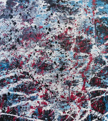 Abstraktes Acrylbild modernes Gemälde in türlis oink schwarz weiß Actionpainting