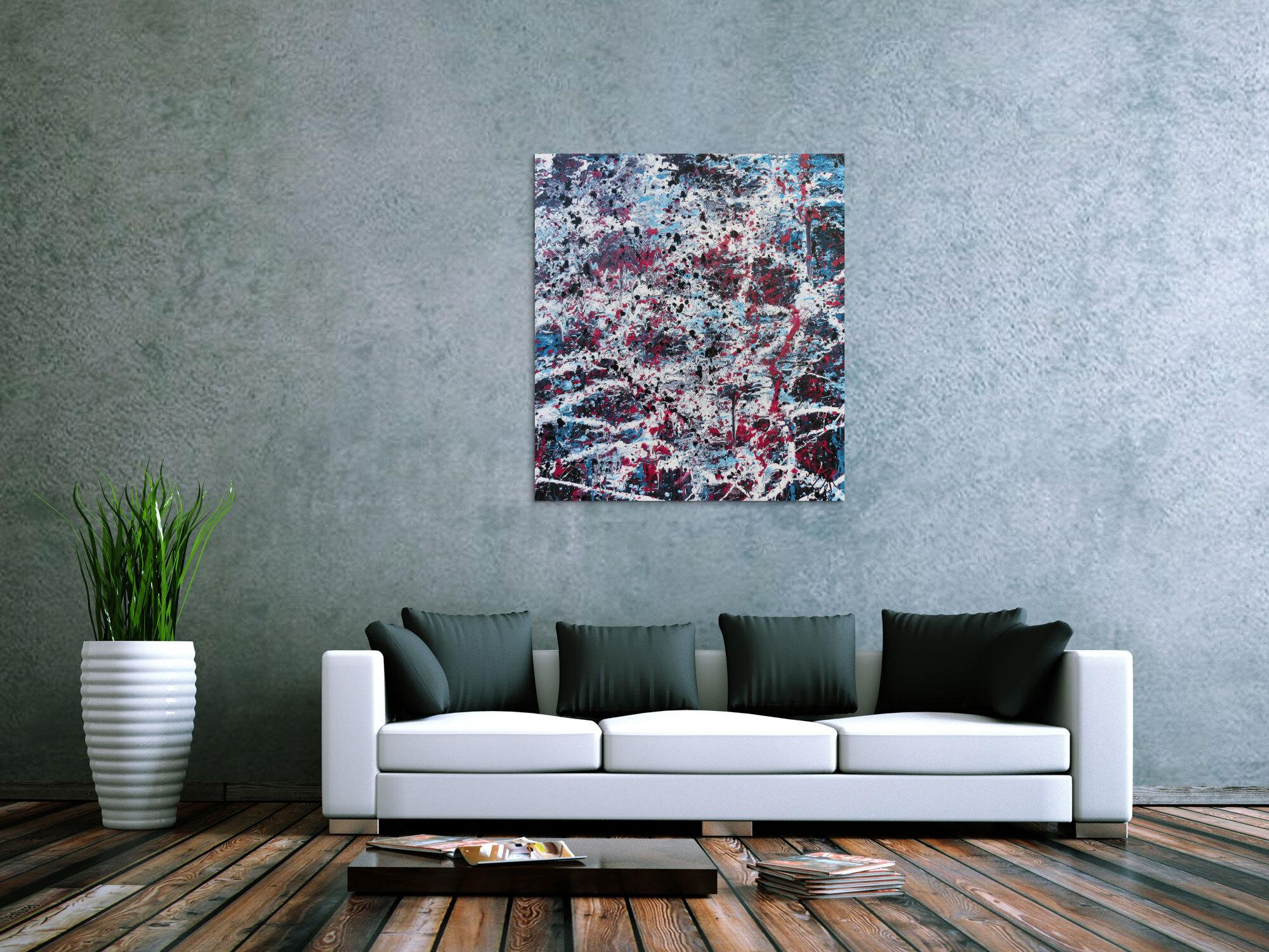 Abstraktes Acrylbild modernes Gemälde in türlis oink schwarz weiß Actionpainting