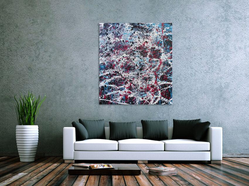 Abstraktes Acrylbild modernes Gemälde in türlis oink schwarz weiß Actionpainting