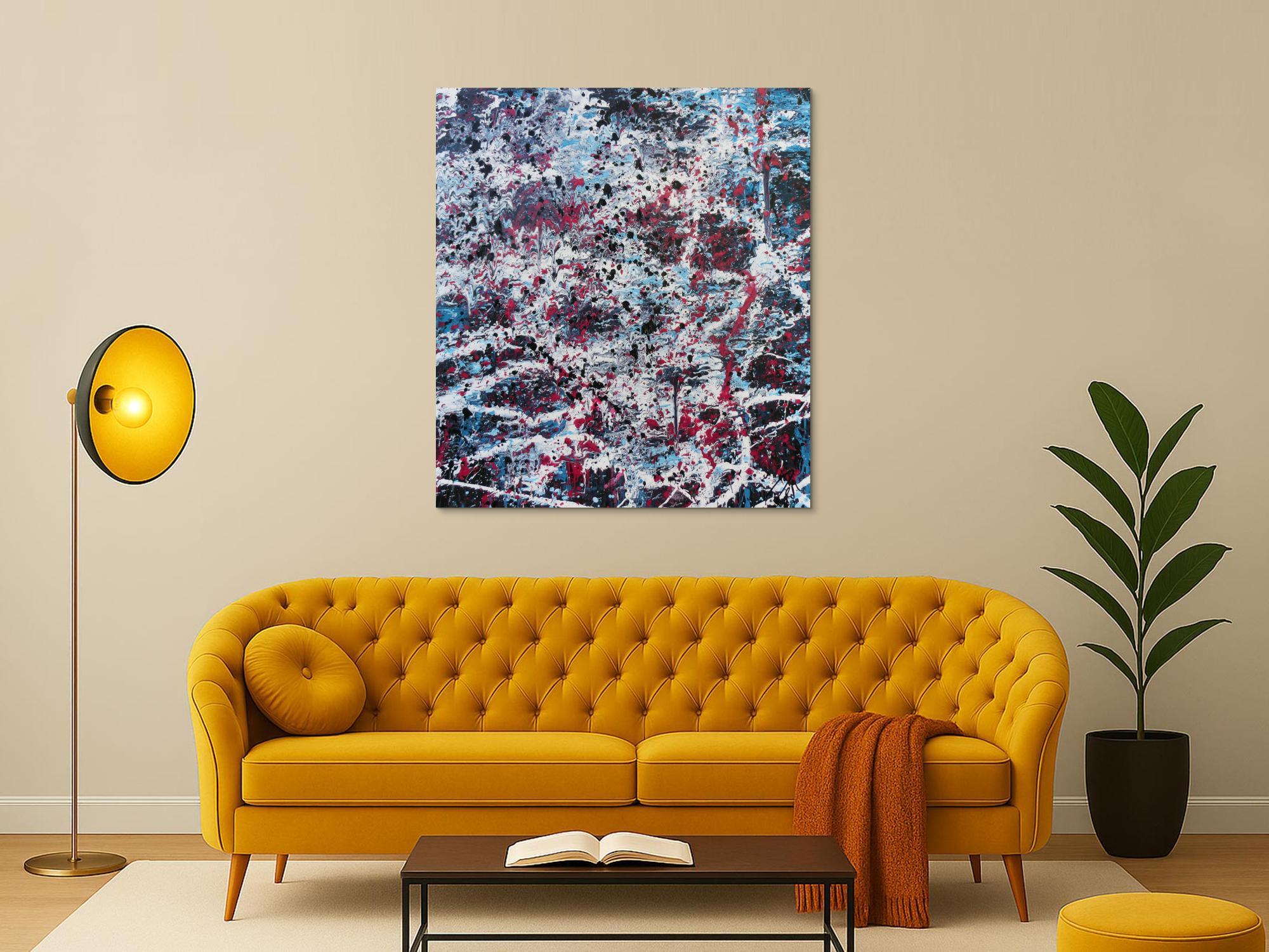 Abstraktes Acrylbild modernes Gemälde in türlis oink schwarz weiß Actionpainting