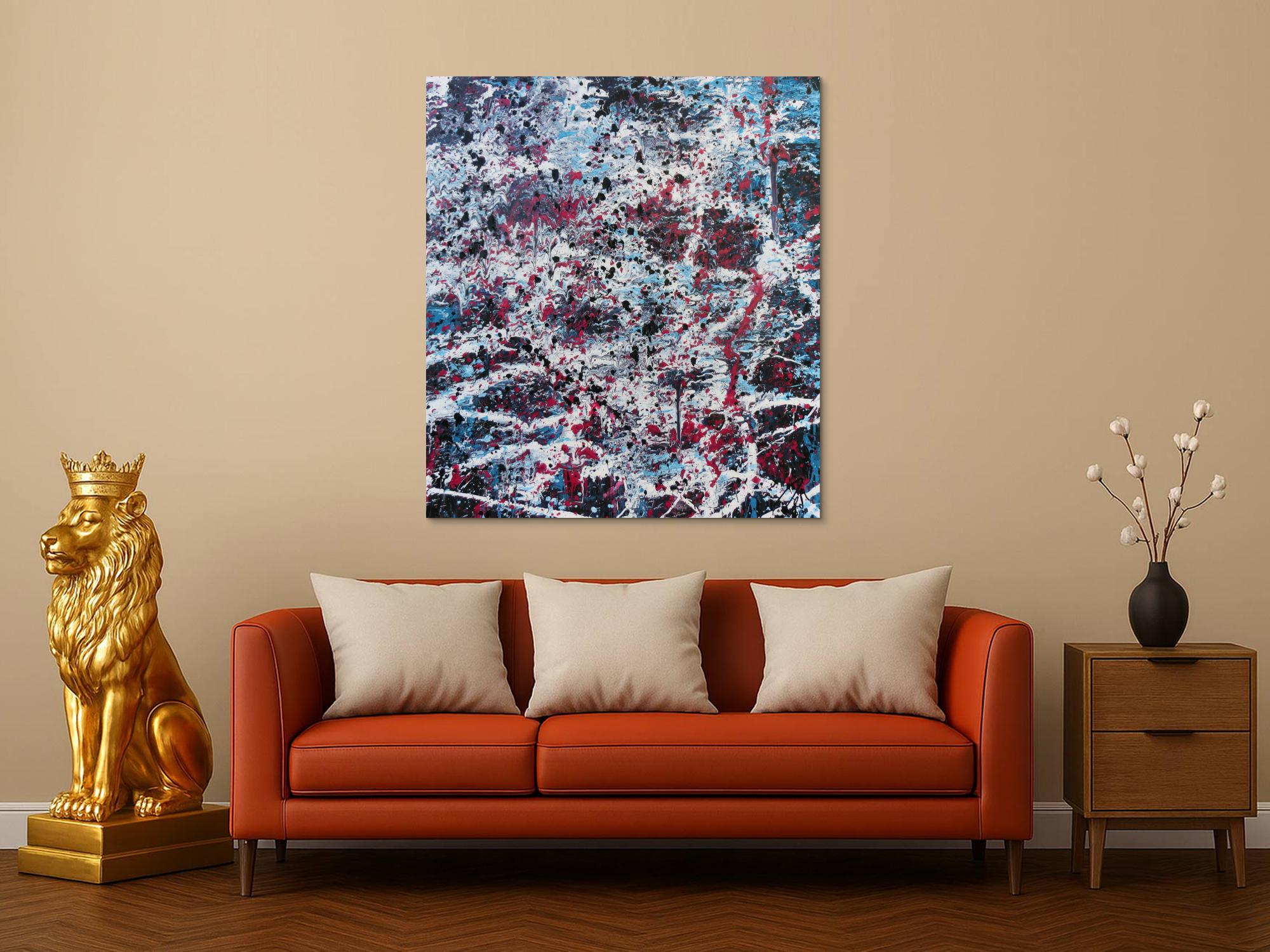 Abstraktes Acrylbild modernes Gemälde in türlis oink schwarz weiß Actionpainting