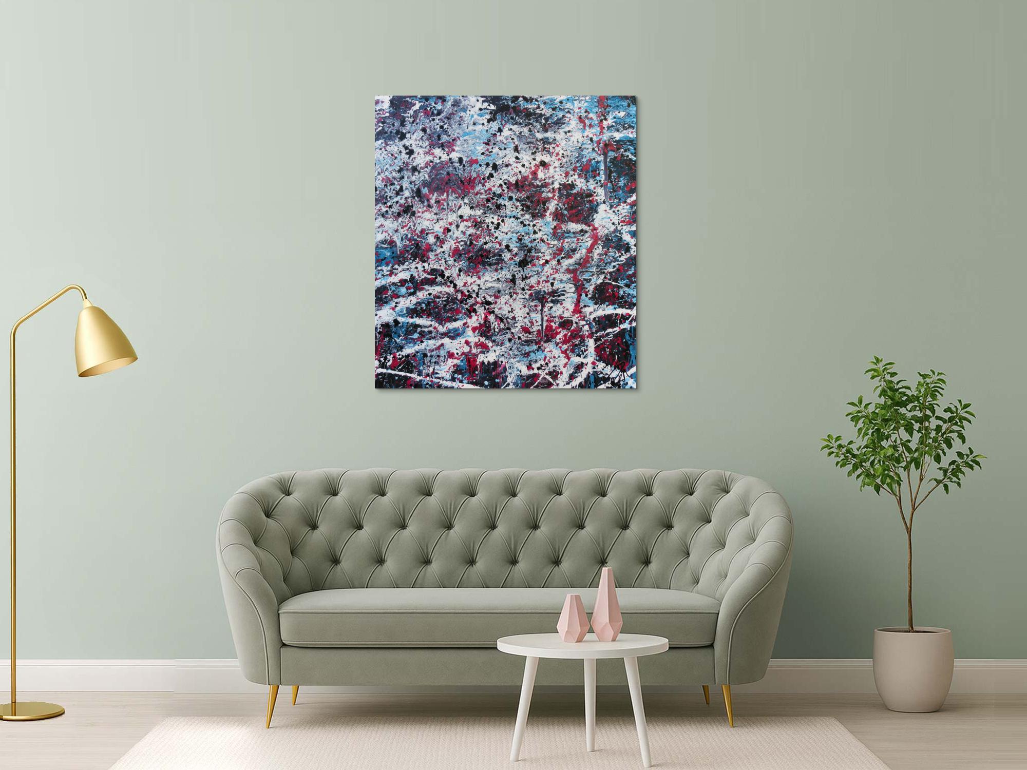 Abstraktes Acrylbild modernes Gemälde in türlis oink schwarz weiß Actionpainting