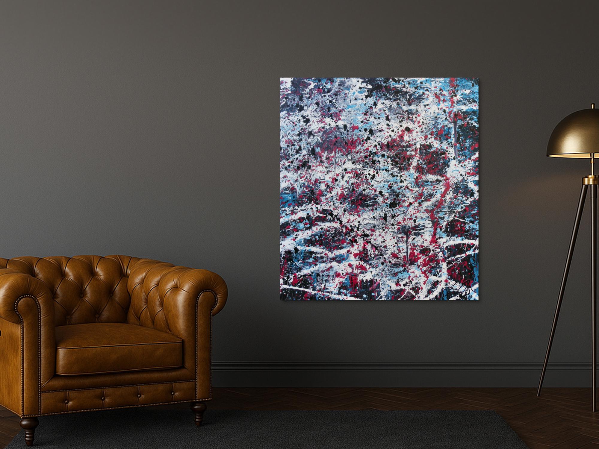 Abstraktes Acrylbild modernes Gemälde in türlis oink schwarz weiß Actionpainting