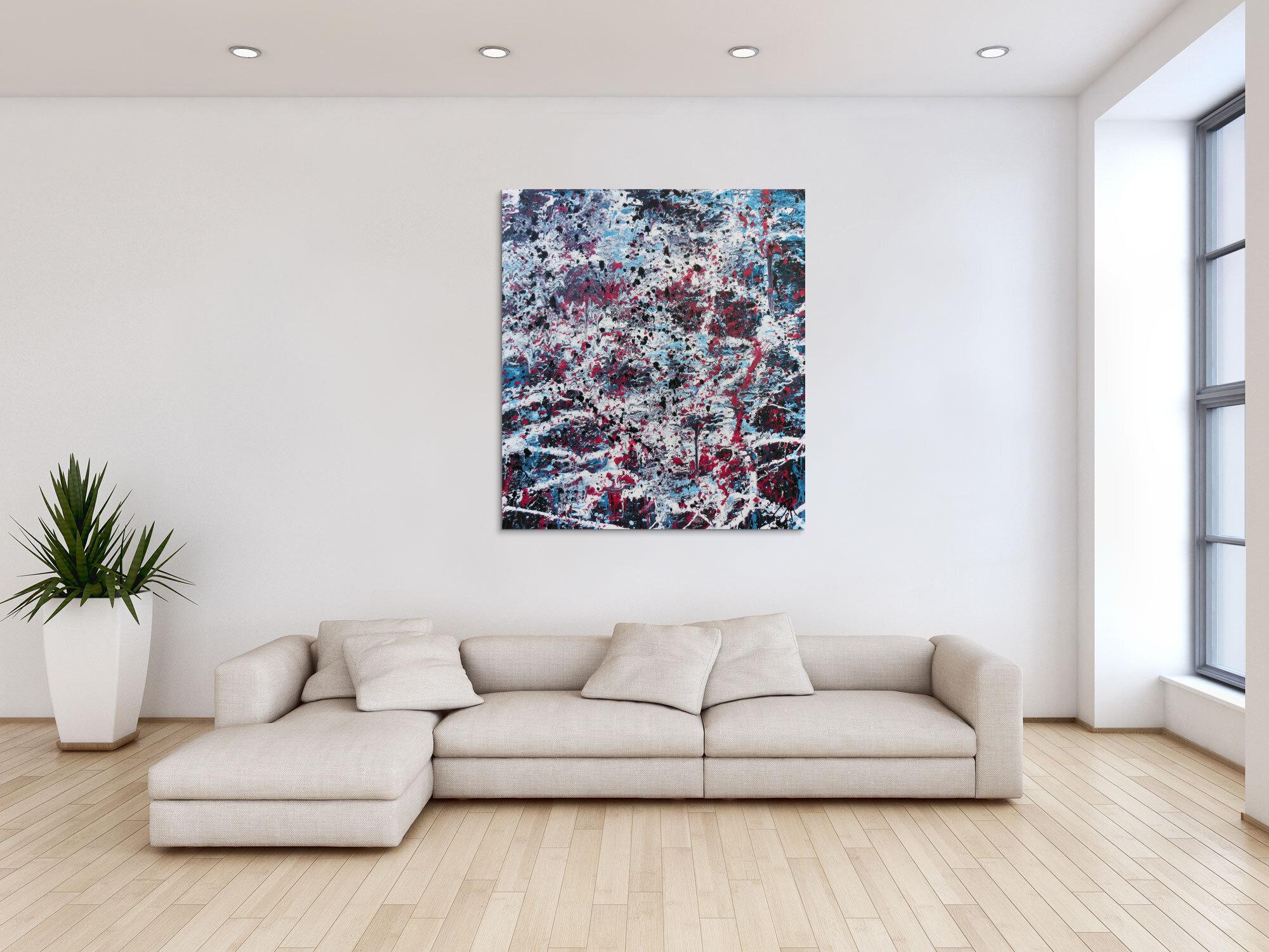 Abstraktes Acrylbild modernes Gemälde in türlis oink schwarz weiß Actionpainting