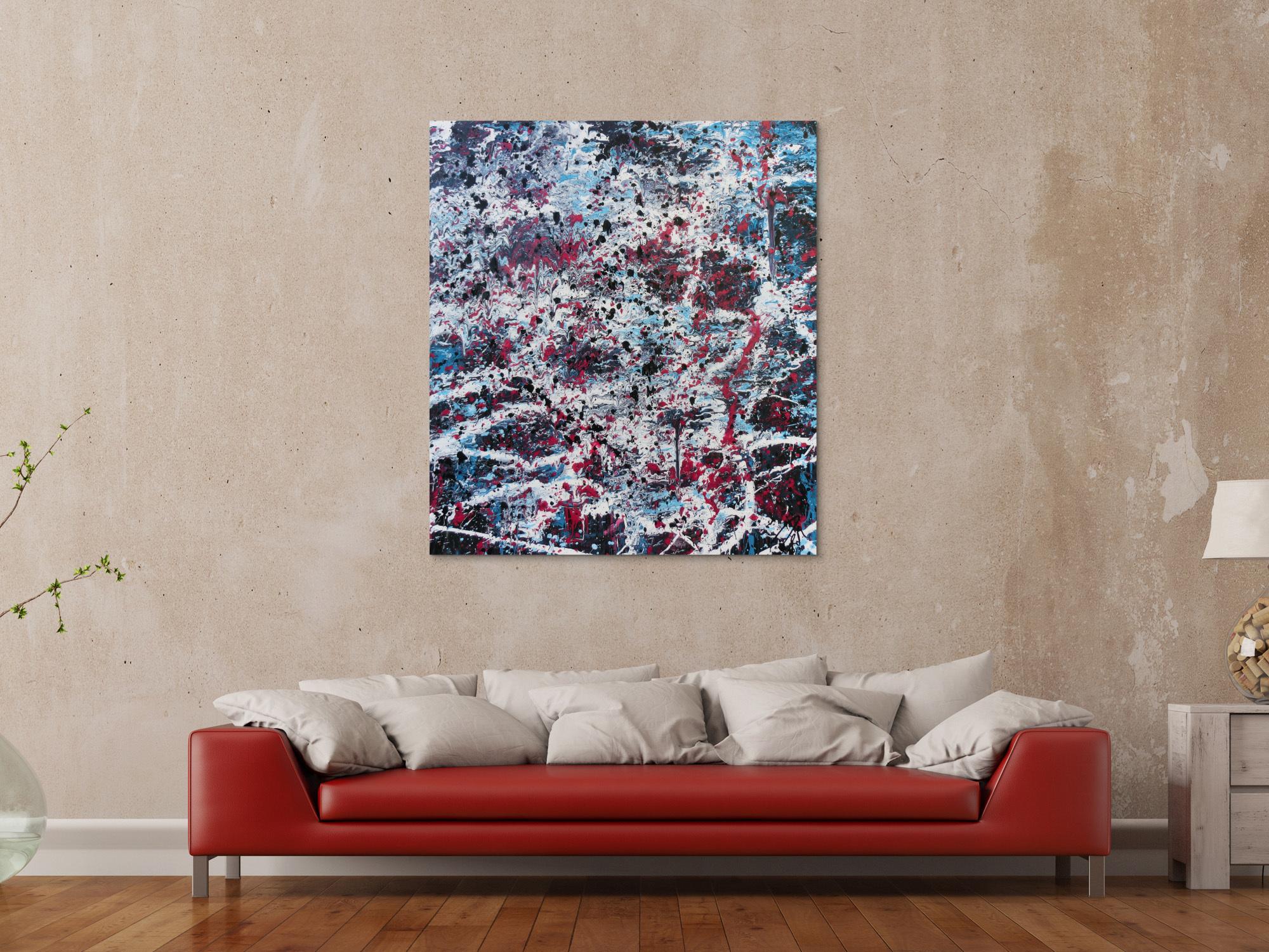 Abstraktes Acrylbild modernes Gemälde in türlis oink schwarz weiß Actionpainting