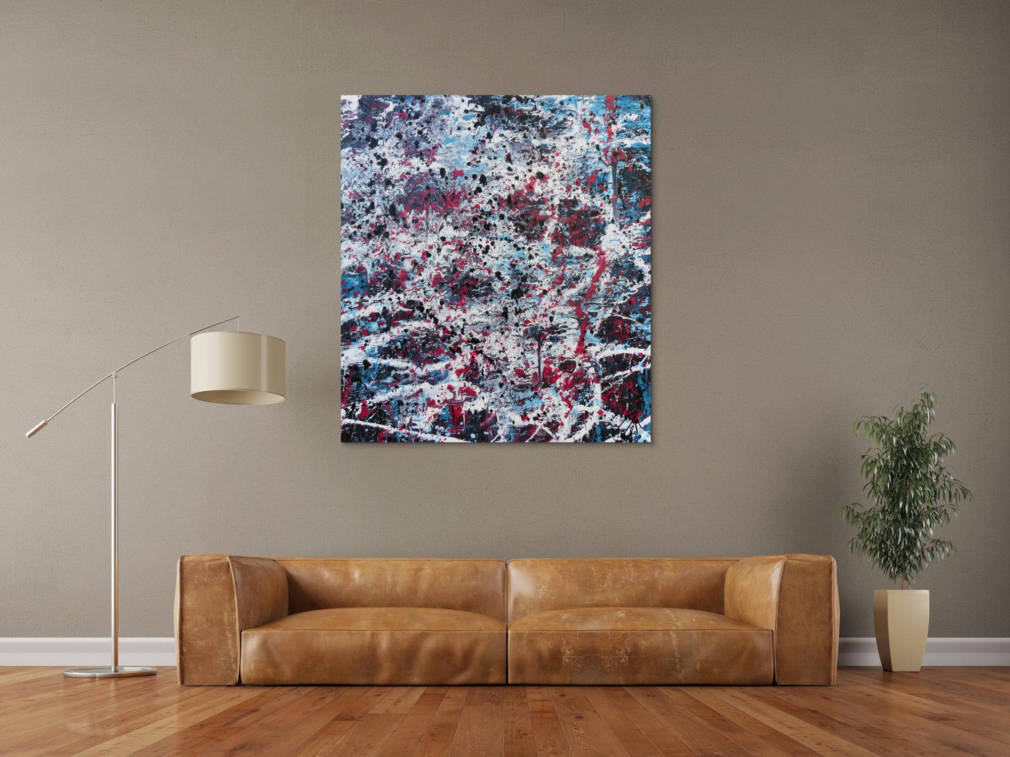 Abstraktes Acrylbild modernes Gemälde in türlis oink schwarz weiß Actionpainting