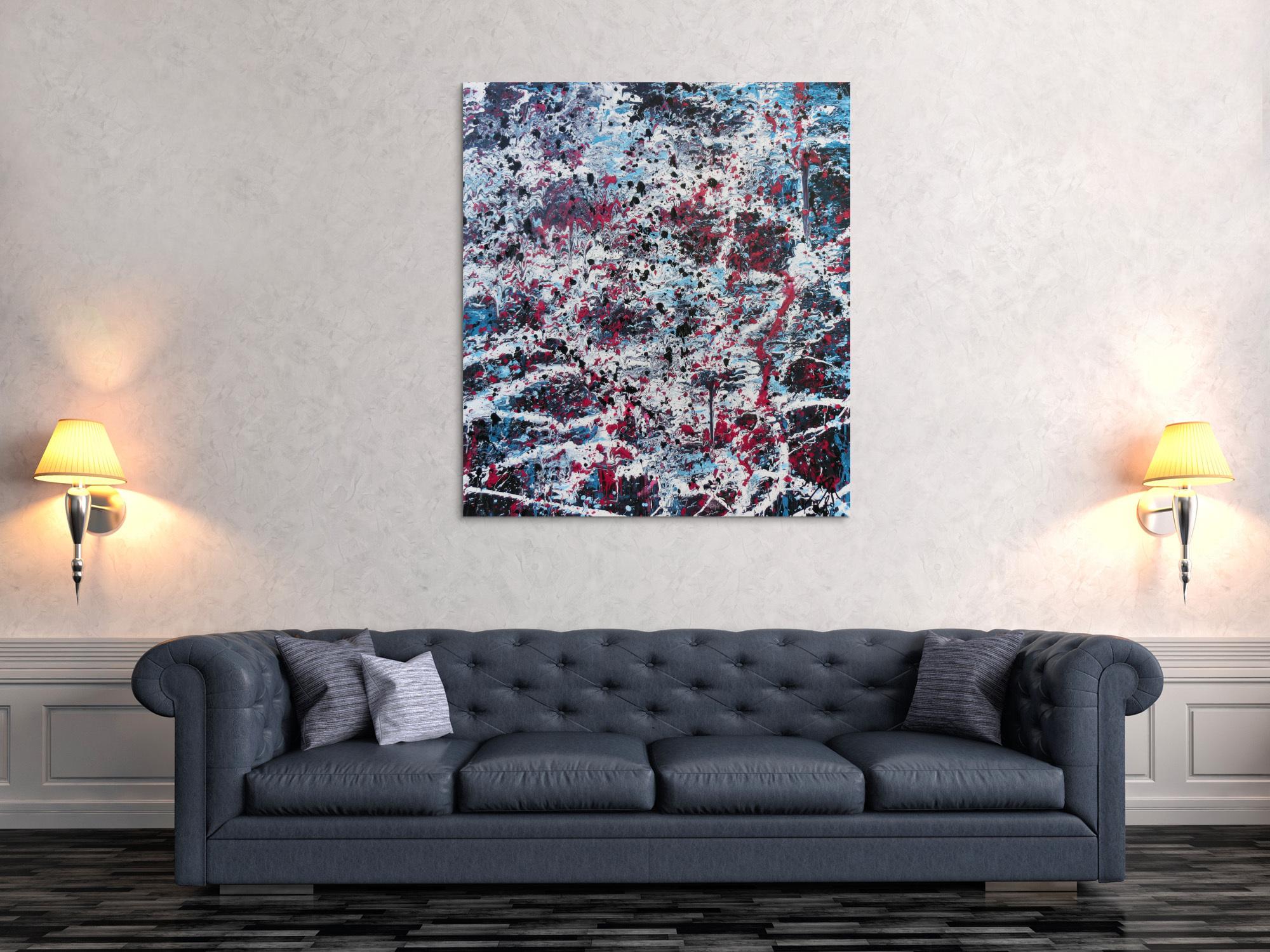 Abstraktes Acrylbild modernes Gemälde in türlis oink schwarz weiß Actionpainting