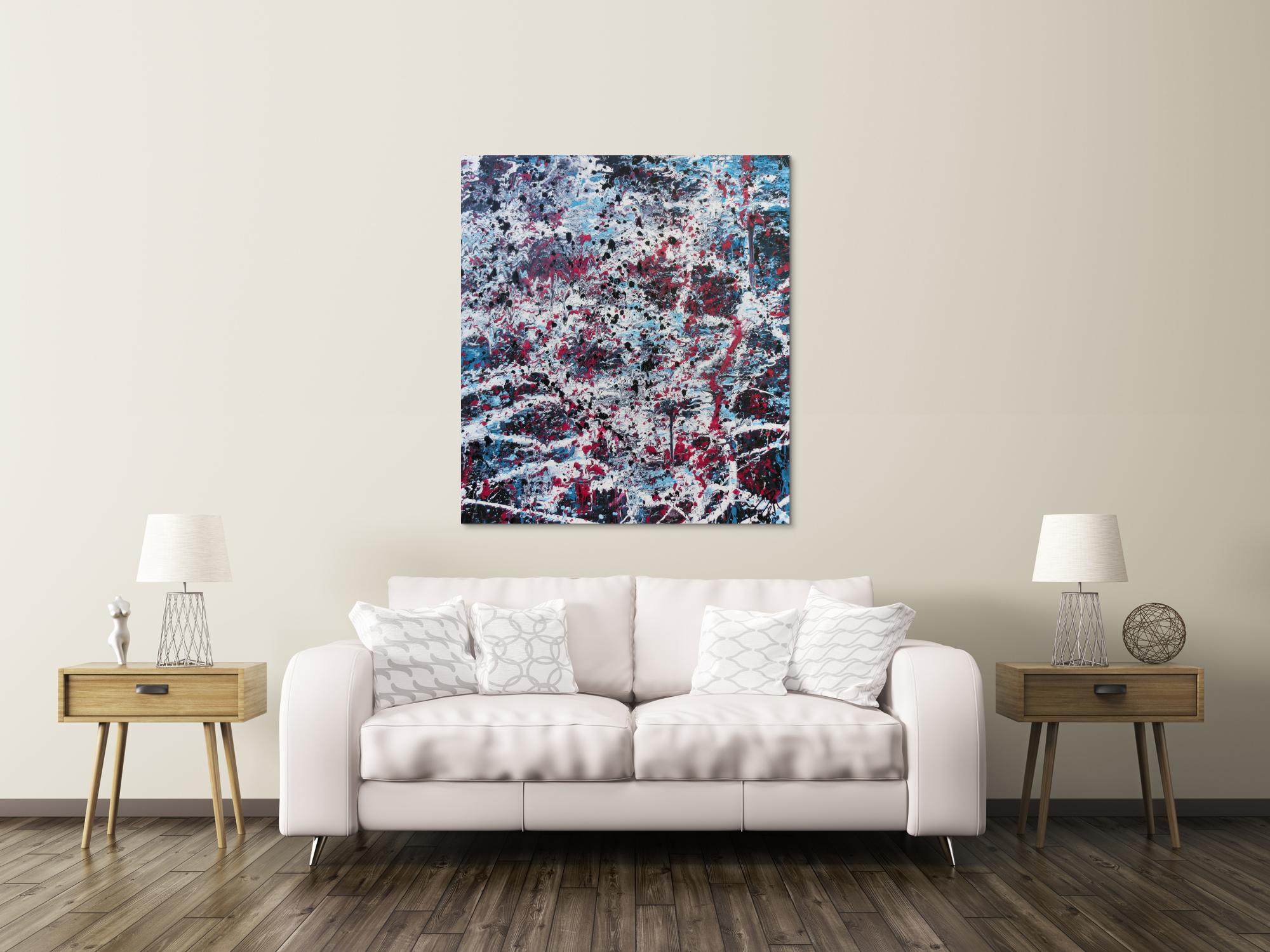 Abstraktes Acrylbild modernes Gemälde in türlis oink schwarz weiß Actionpainting