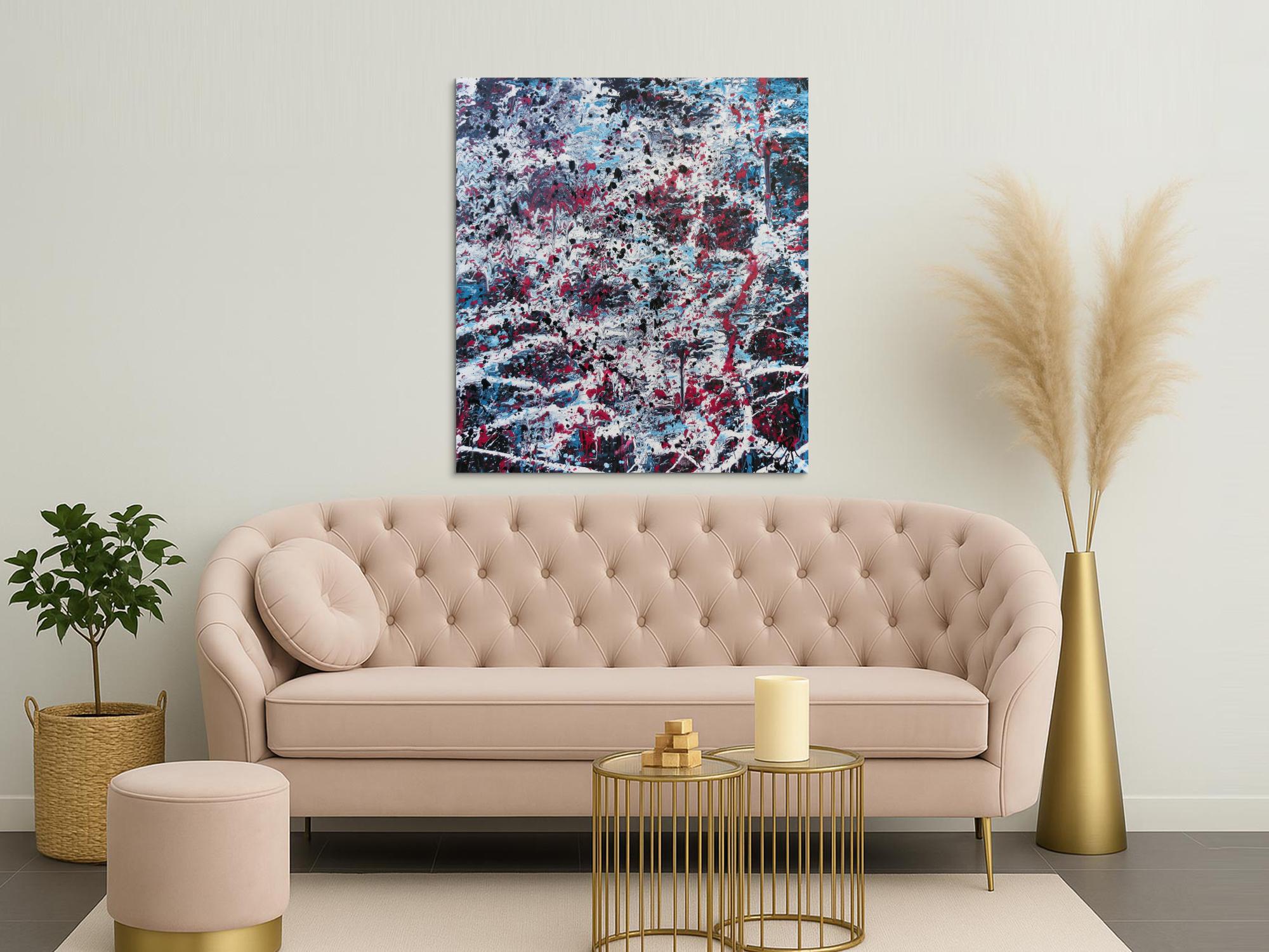 Abstraktes Acrylbild modernes Gemälde in türlis oink schwarz weiß Actionpainting