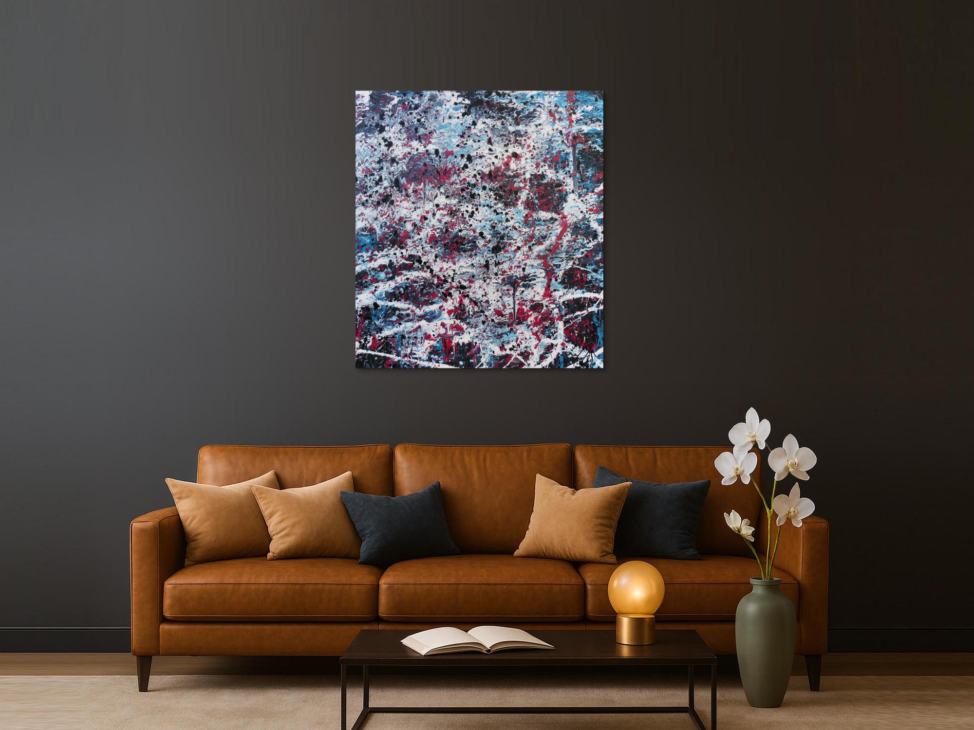 Abstraktes Acrylbild modernes Gemälde in türlis oink schwarz weiß Actionpainting